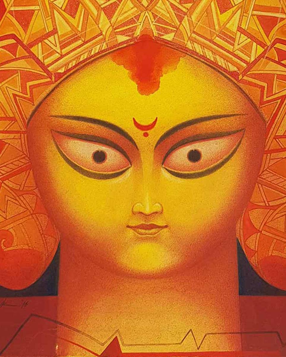 Atin Basak - Durga - 30 x 24 pulgadas ( Tamaño sin enmarcar )
Témpera sobre tabla
La obra se enviará sin enmarcar . 
Incluido el envío en rollos.

Estilo : Atin Basak dice que su obra reciente representa las creencias y formas de vida de Oriente.