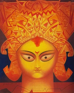 Durga, déesse indienne, Tempera sur panneau, rouge, jaune par l'artiste indien « En stock »