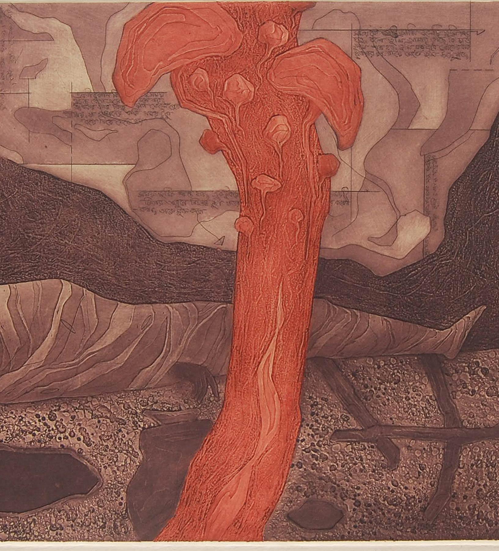 Etching on paper, Brown, Red colors by Contemporary Indian Artist 