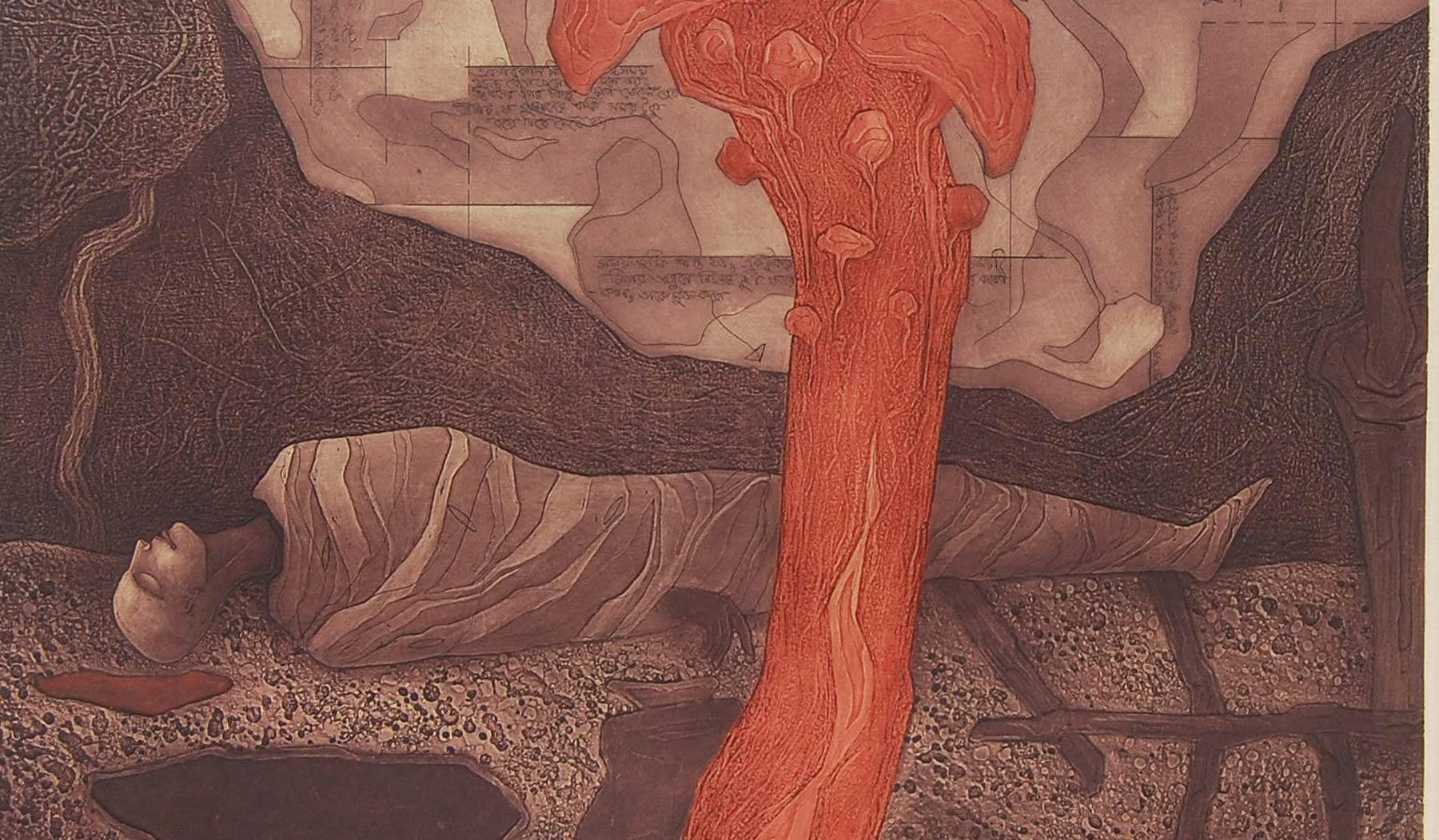 Etching on paper, Brown, Red colors by Contemporary Indian Artist 