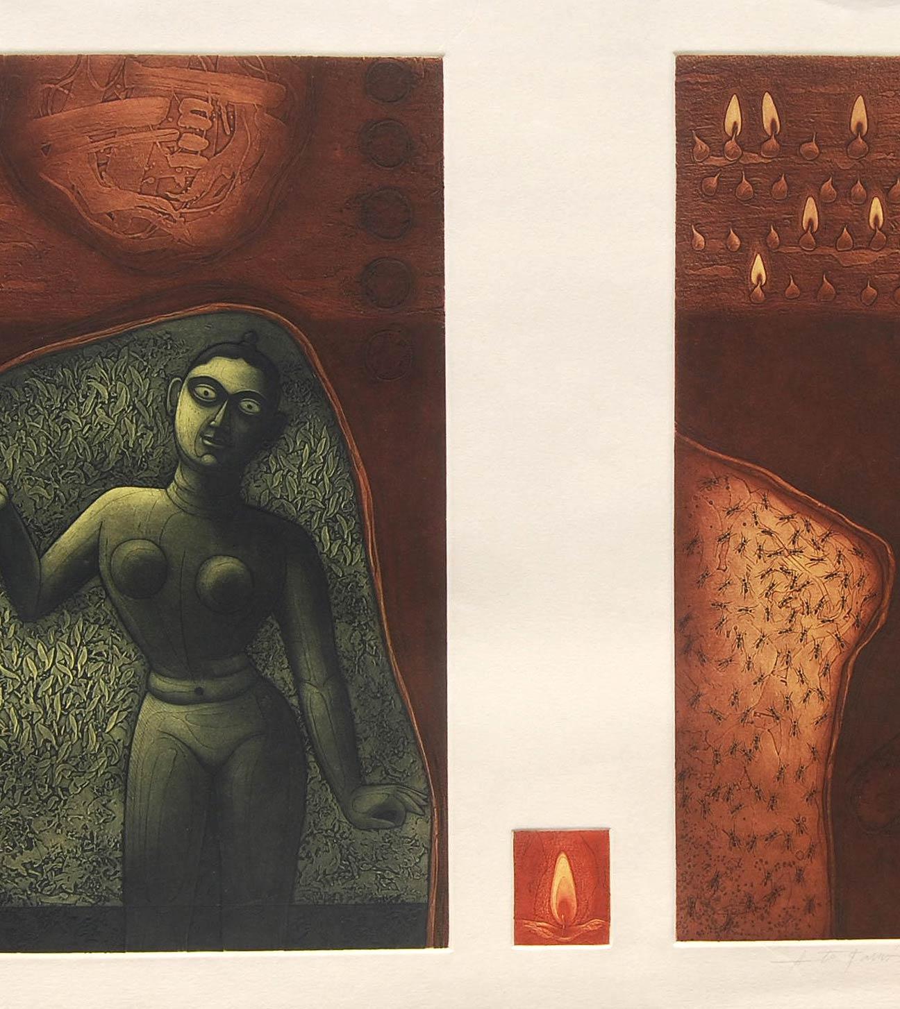 Etching on Paper, Green, Brown, Red colors by Indian Artist 