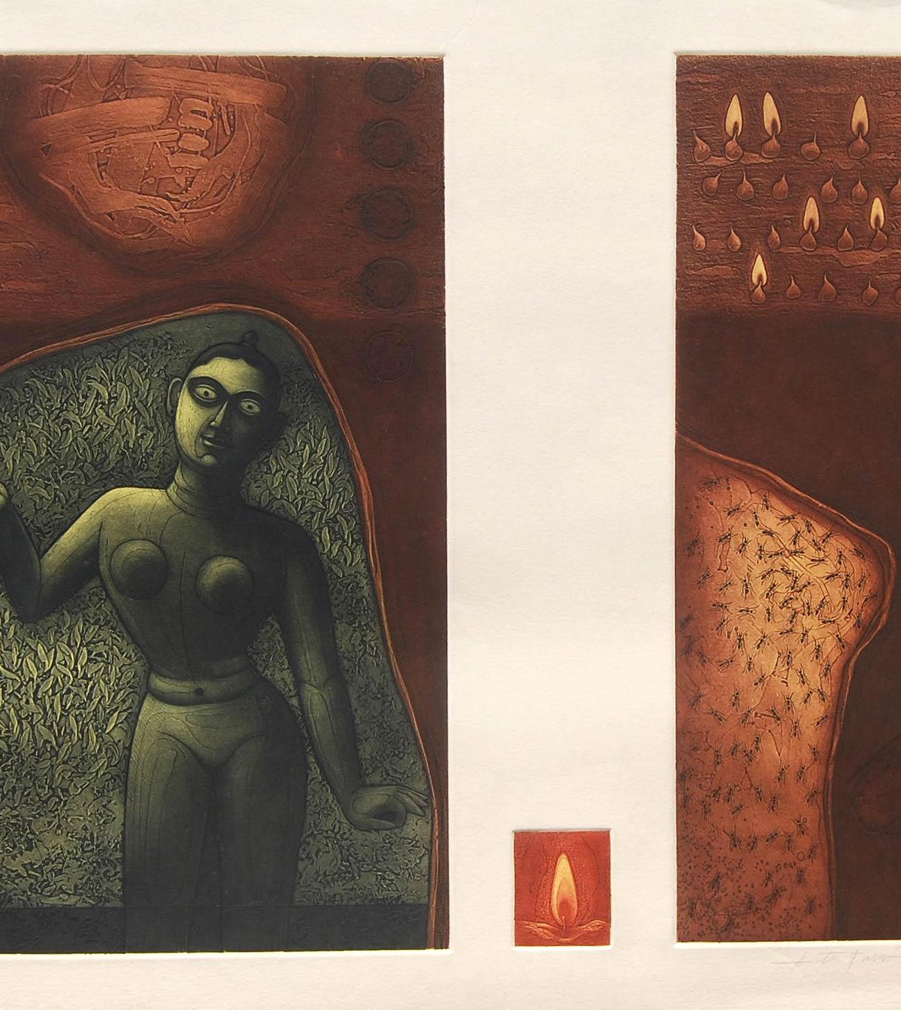 Acquaforte su carta, colori verde, marrone e rosso di un artista indiano 