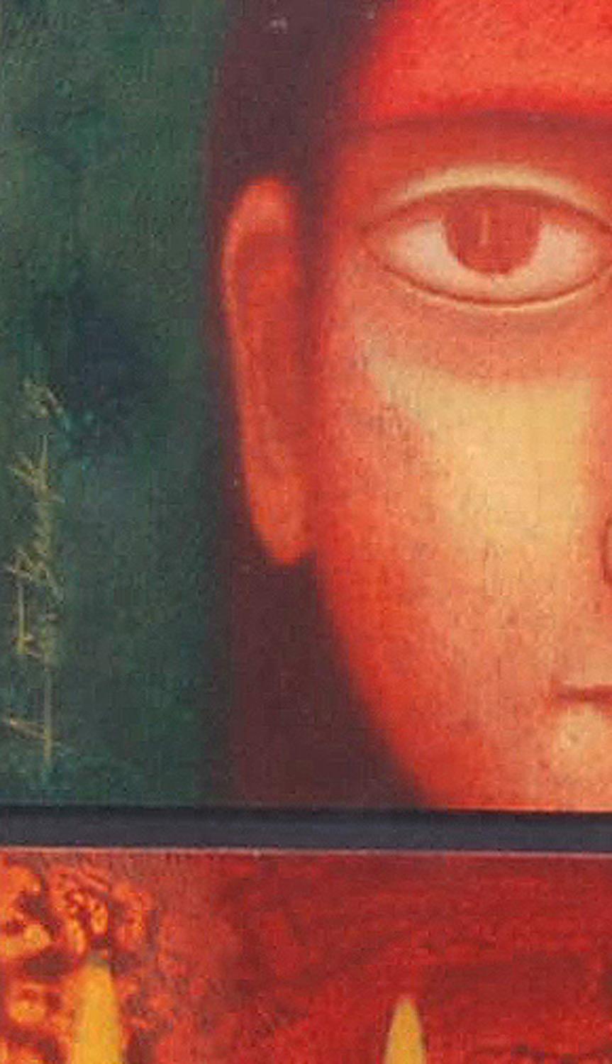 Face, Man, Tempera on Board, Red, Yellow, Green, Contemporary Artist 