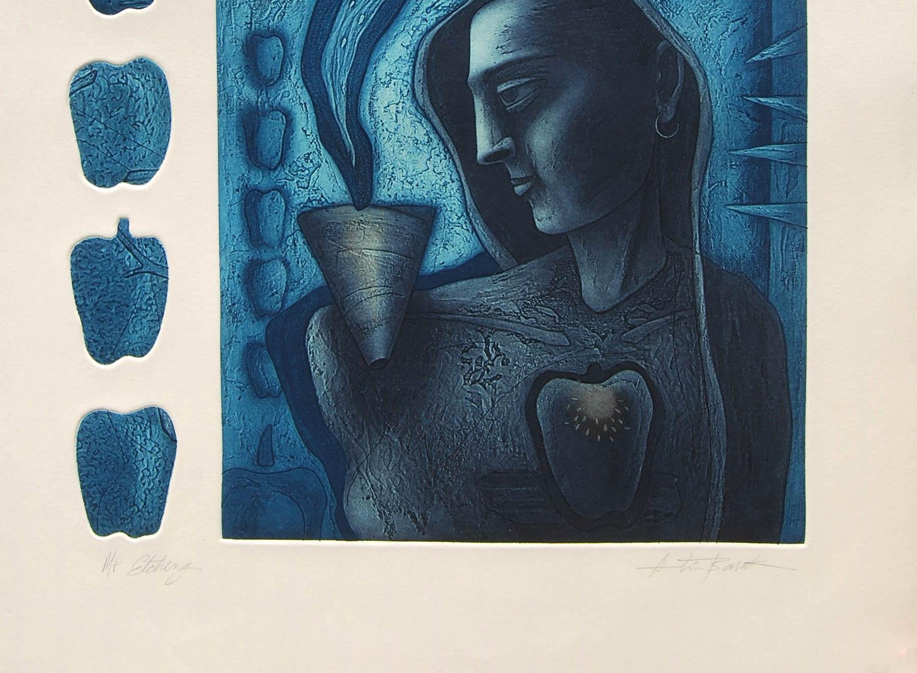 Figurative, Etching on paper, Deep Blue, Black by Indian Artist 