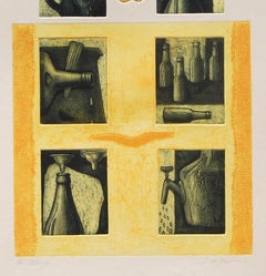 Nature morte, eau-forte sur papier, vert, jaune, orange, de l'artiste indien « en stock »