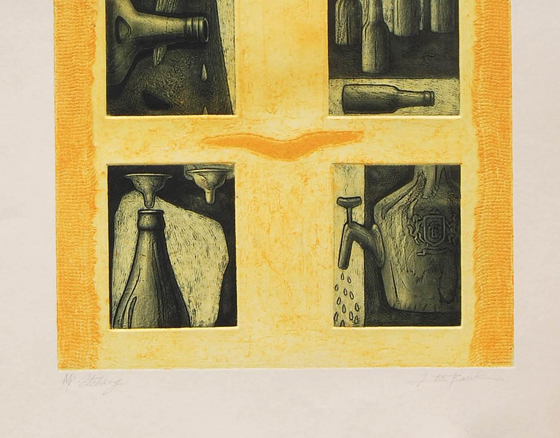 Still Life, Etching on paper, Green, Yellow, Orange by Indian Artist 