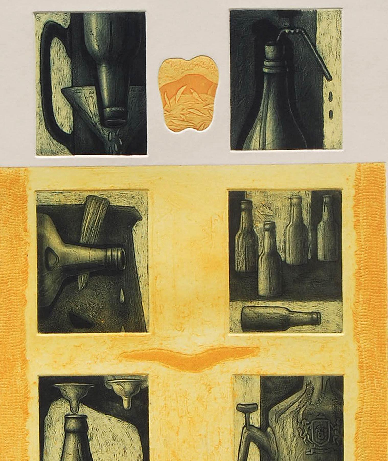 Still Life, Etching on paper, Green, Yellow, Orange by Indian Artist 