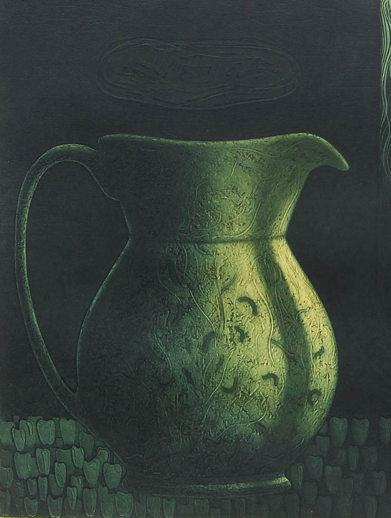 Still Life, Jug, Etching on paper, Green, Yellow by Indian Artist 