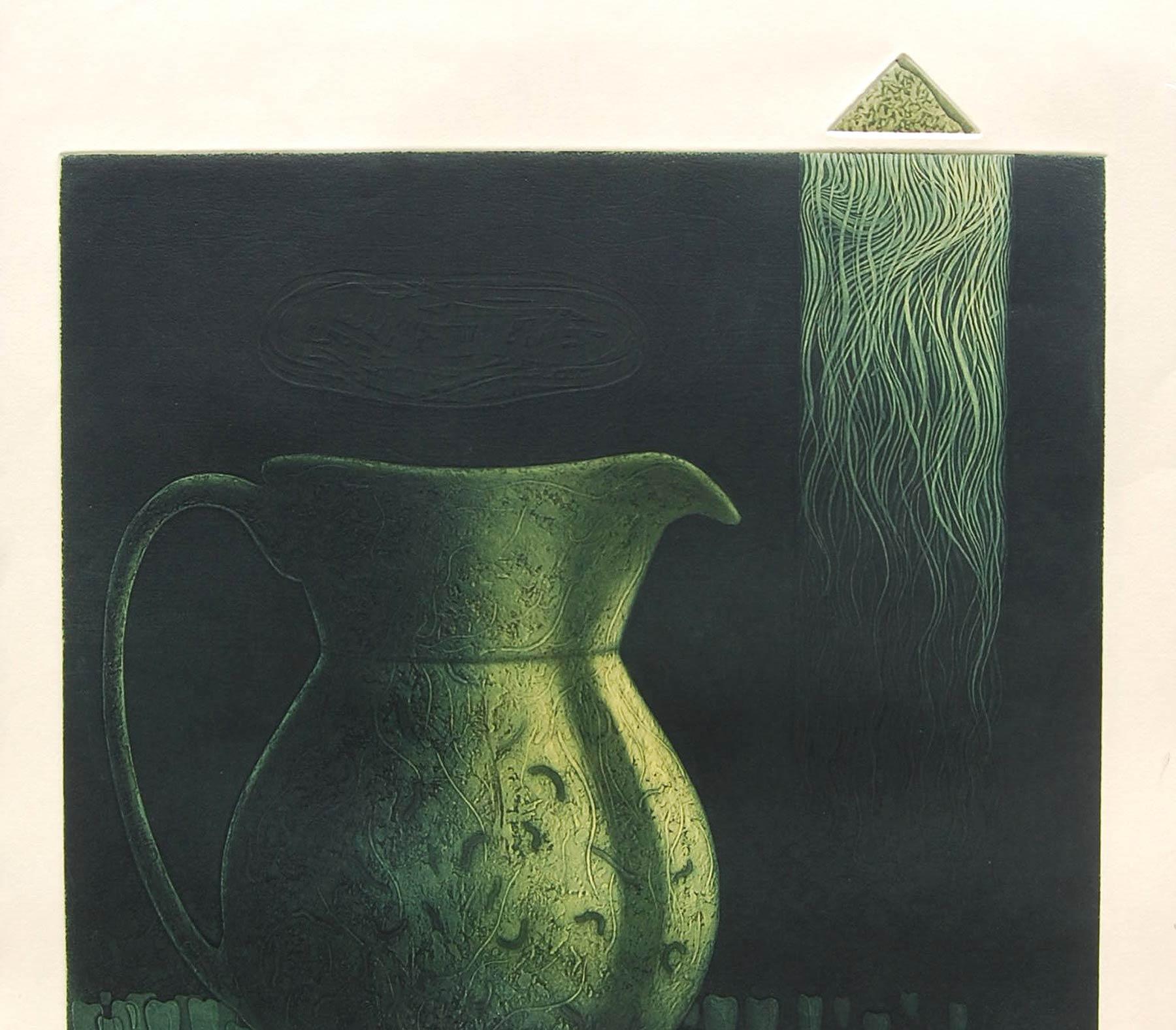 Nature morte, pichet, eau-forte sur papier, vert, jaune par l'artiste indien « en stock » - Noir Still-Life Painting par Atin Basak
