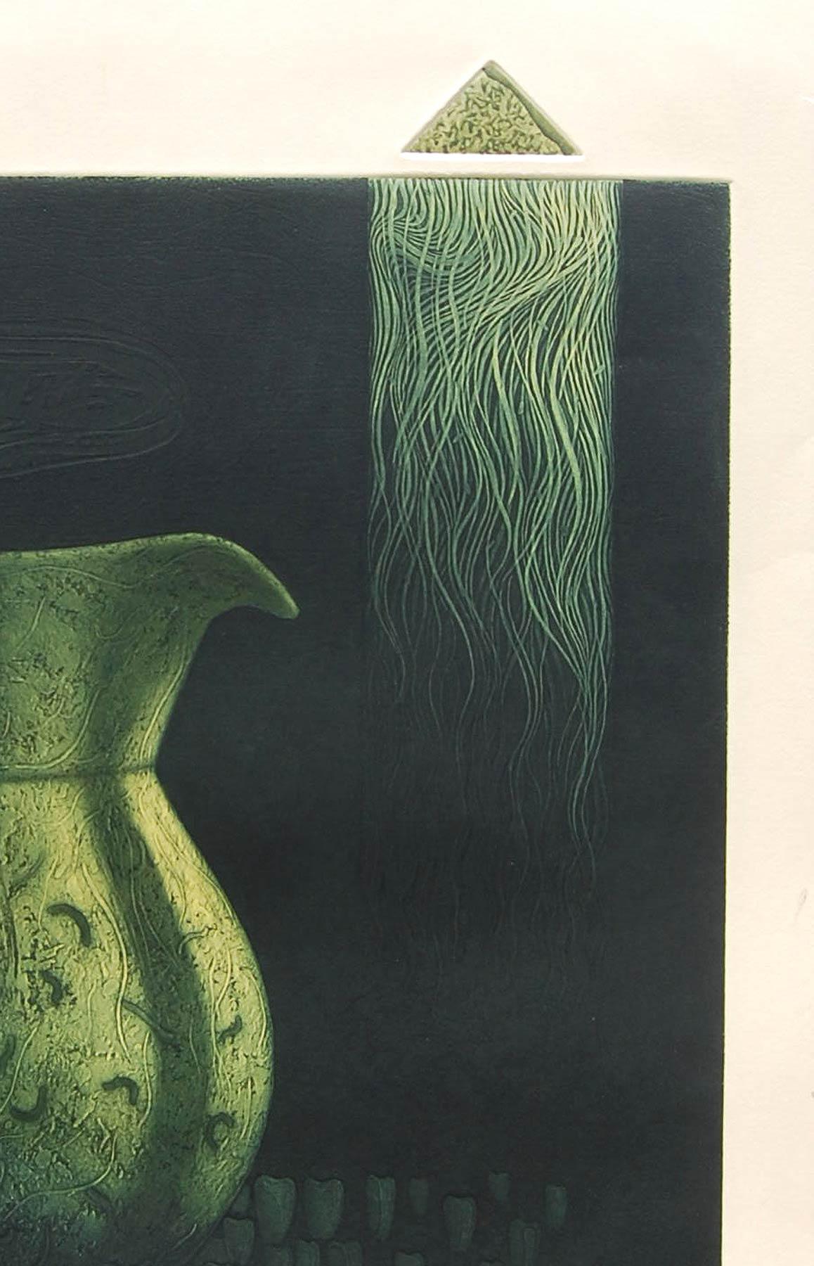 Nature morte, pichet, eau-forte sur papier, vert, jaune par l'artiste indien « en stock » en vente 1