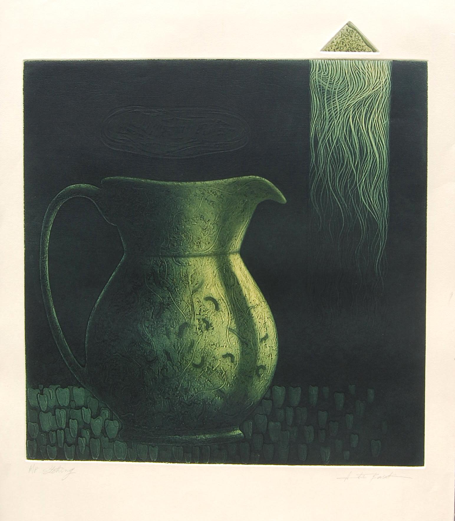 Atin Basak Still-Life Painting - Still Life, Jug, Etching on paper, Green, Yellow by Indian Artist "In Stock"