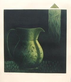 Still Life, Jug, Etching on paper, Green, Yellow by Indian Artist "In Stock"