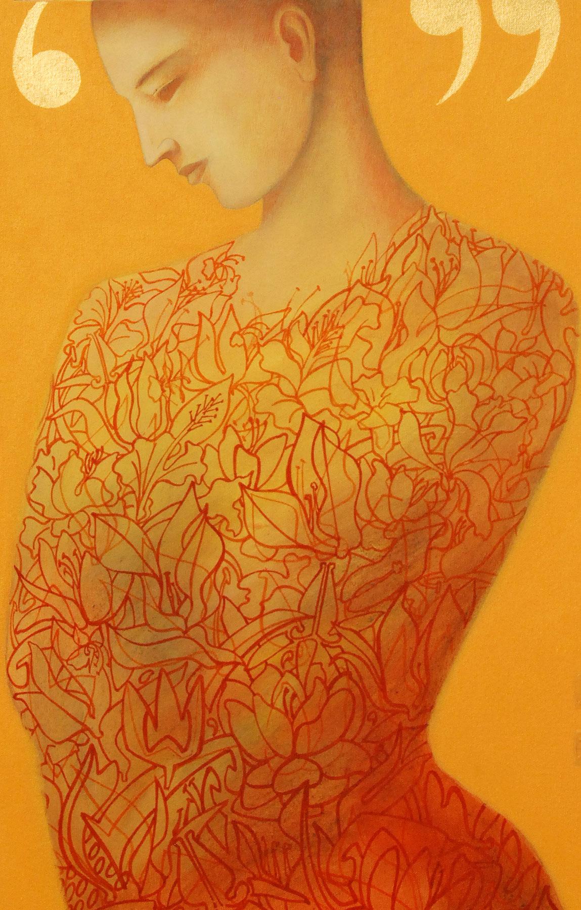 Frauen, Acrylgemälde, Orange, Rot, Gelb Farben von indischer Künstlerin „In Lager“ – Painting von Atin Basak