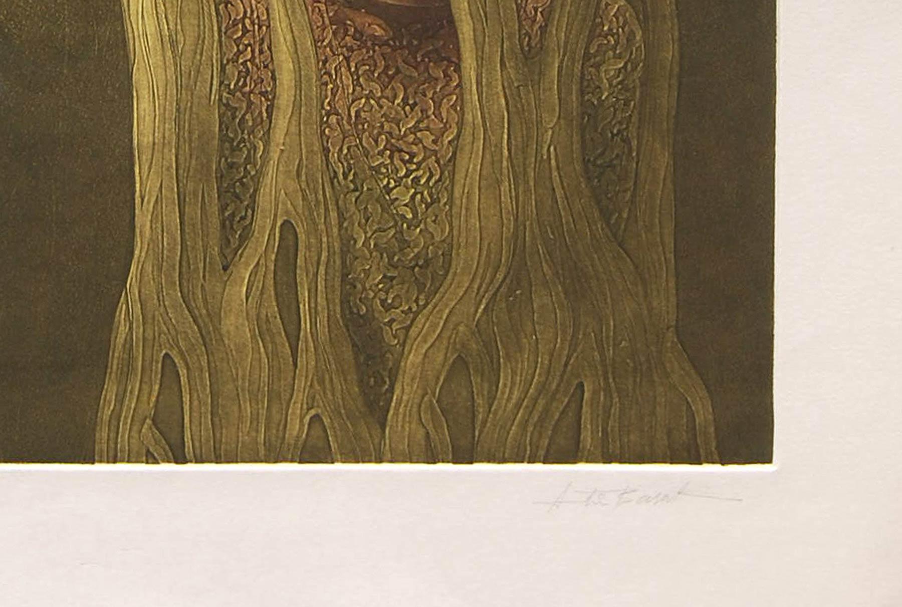 Figurative, Tree, Etching on paper, Green & Brown by Indian Artist 