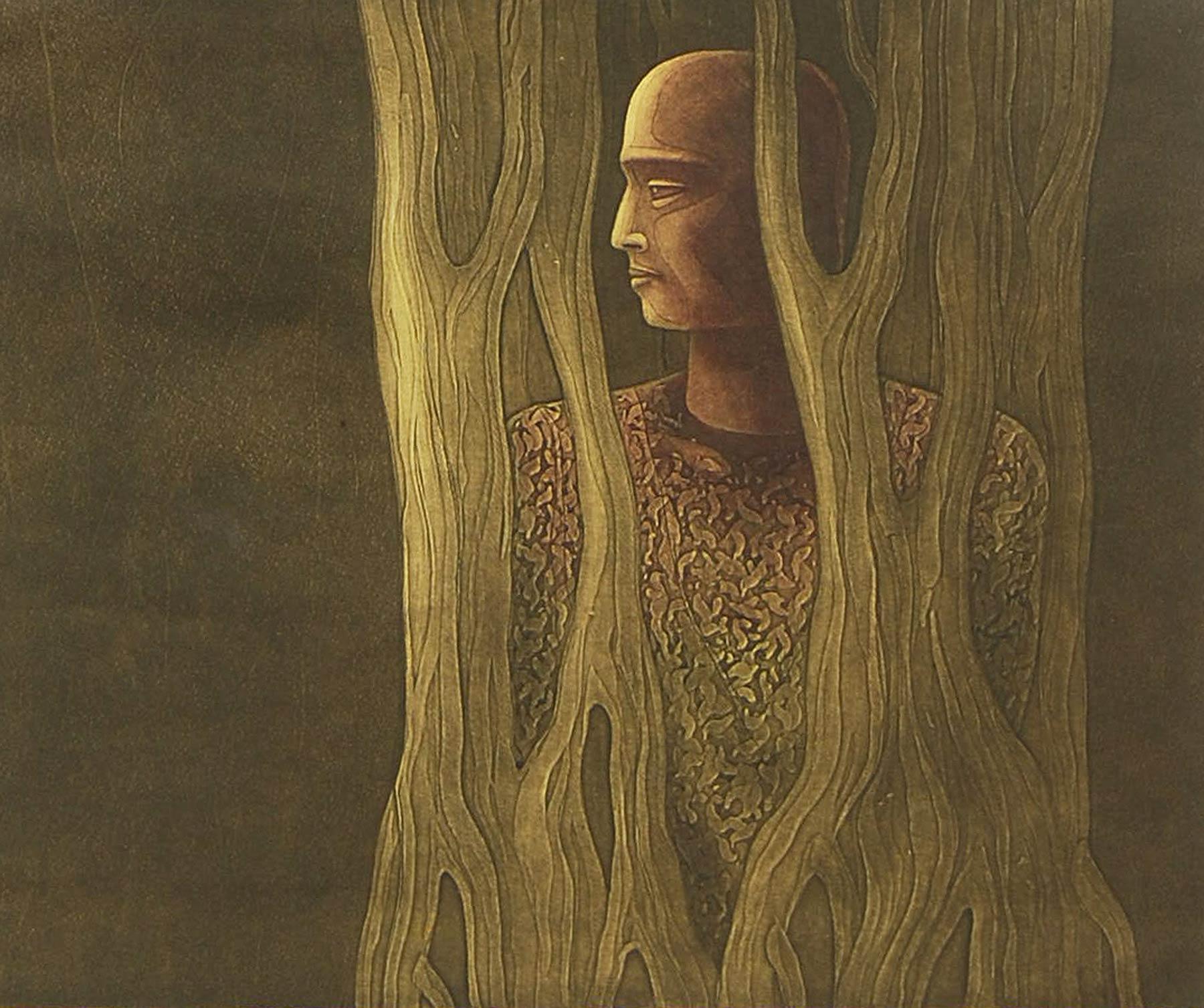 Figurative, Tree, Etching on paper, Green & Brown by Indian Artist 