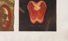 Face & Apple, Etching on Paper, Brown, Red & Yellow by Indian Artist " In Stock"