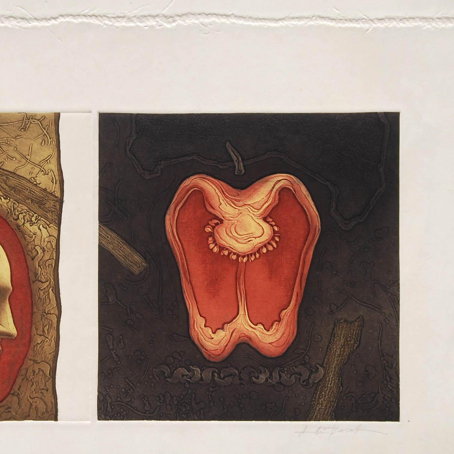 Face & Apple, Etching on Paper, Brown, Red & Yellow by Indian Artist 