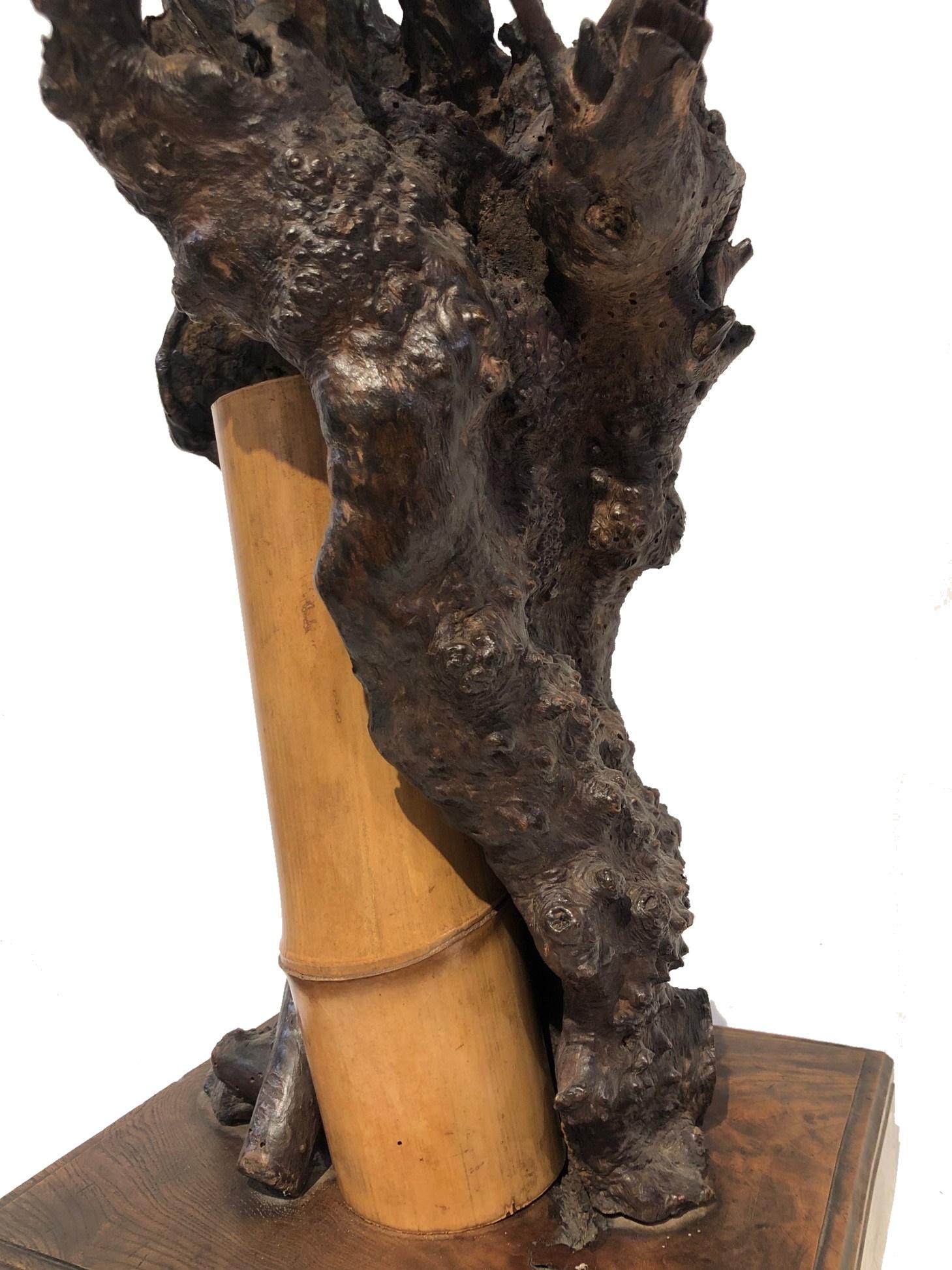 Giapponese Vaso antico giapponese in legno di radice e bambù Ikebana, XIX secolo in vendita