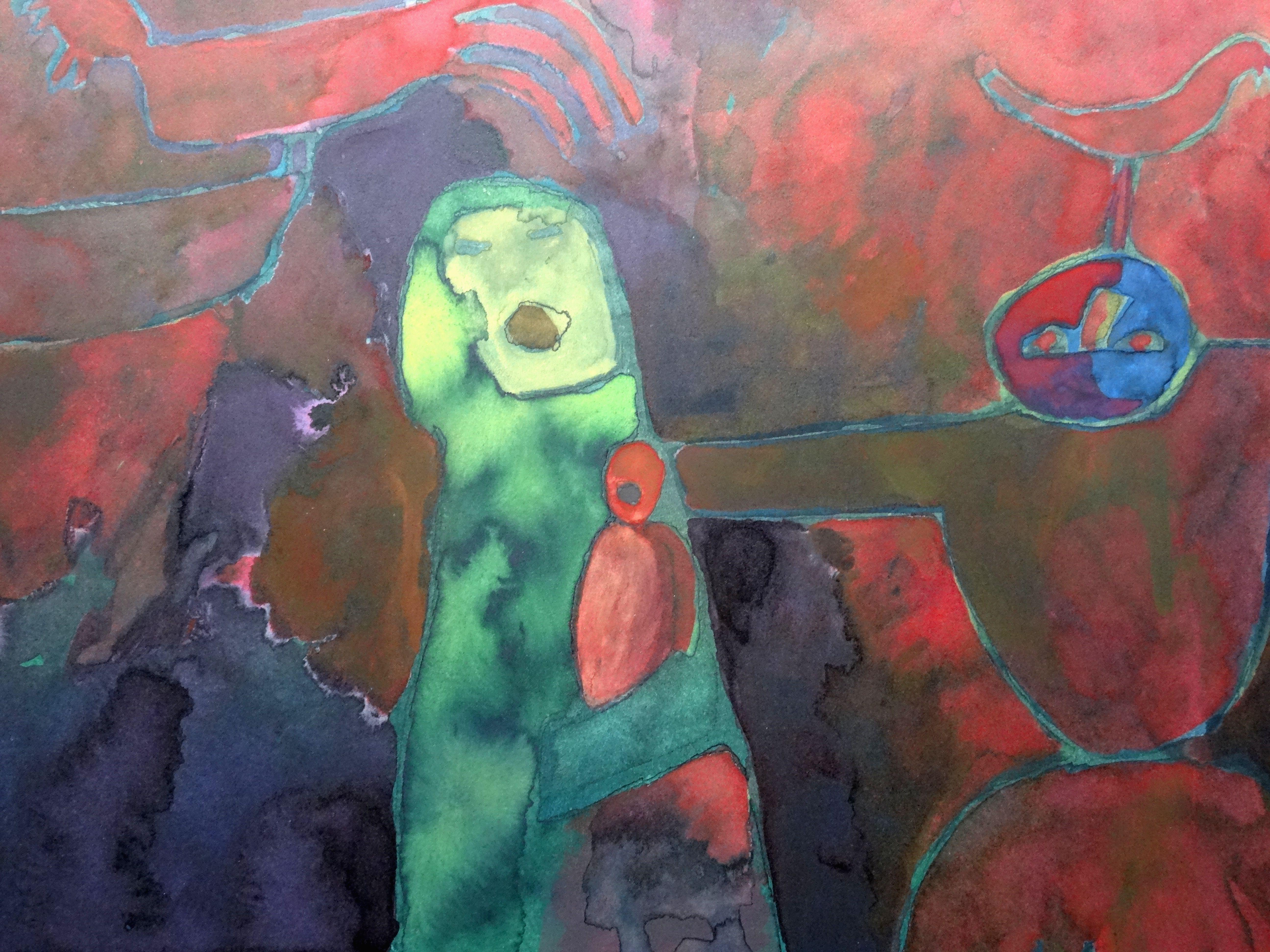 Carnevale. Carta, legno, acquerello, 53x75 cm - Painting di Atis Ievins