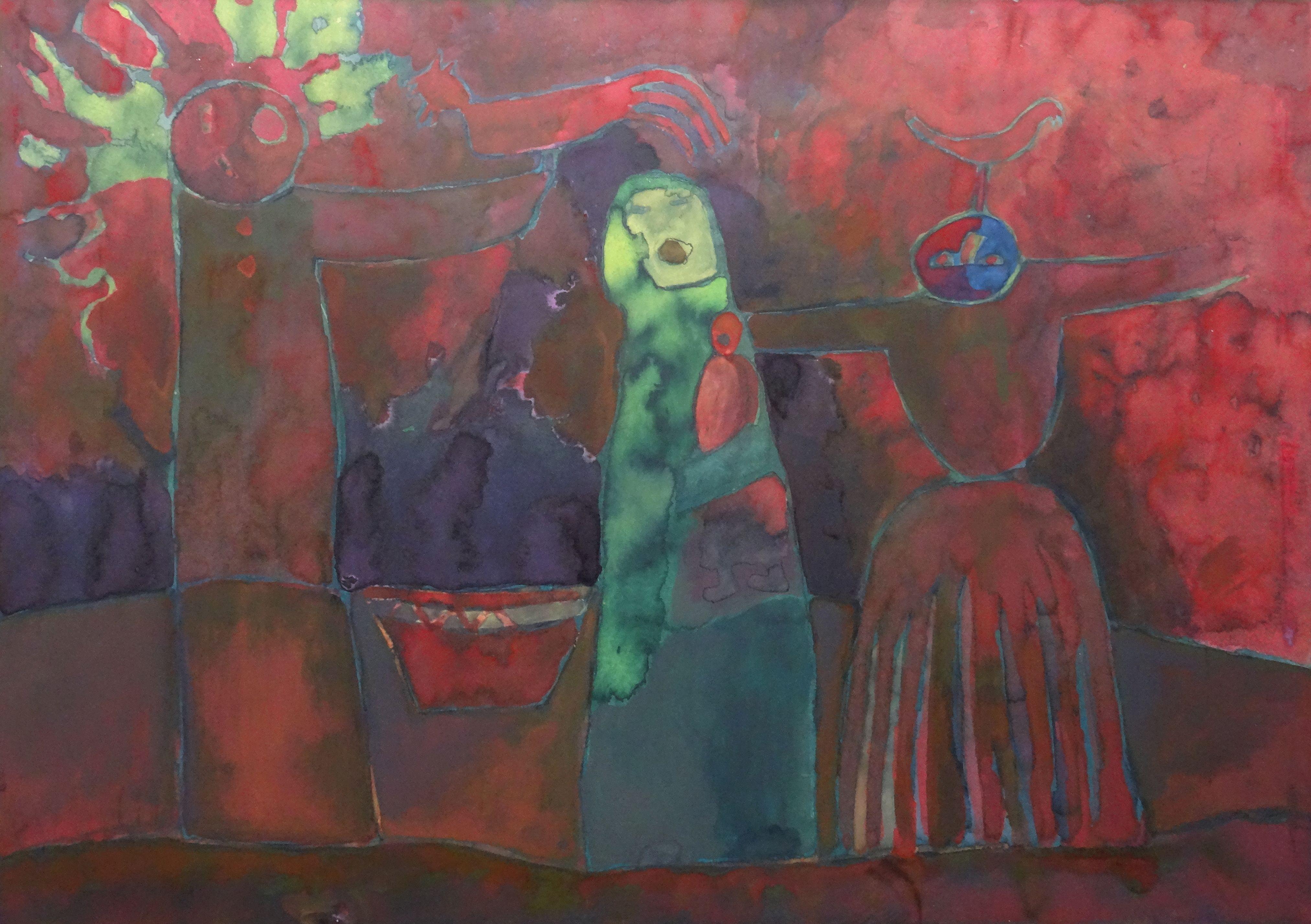 Abstract Painting di Atis Ievins - Carnevale. Carta, legno, acquerello, 53x75 cm