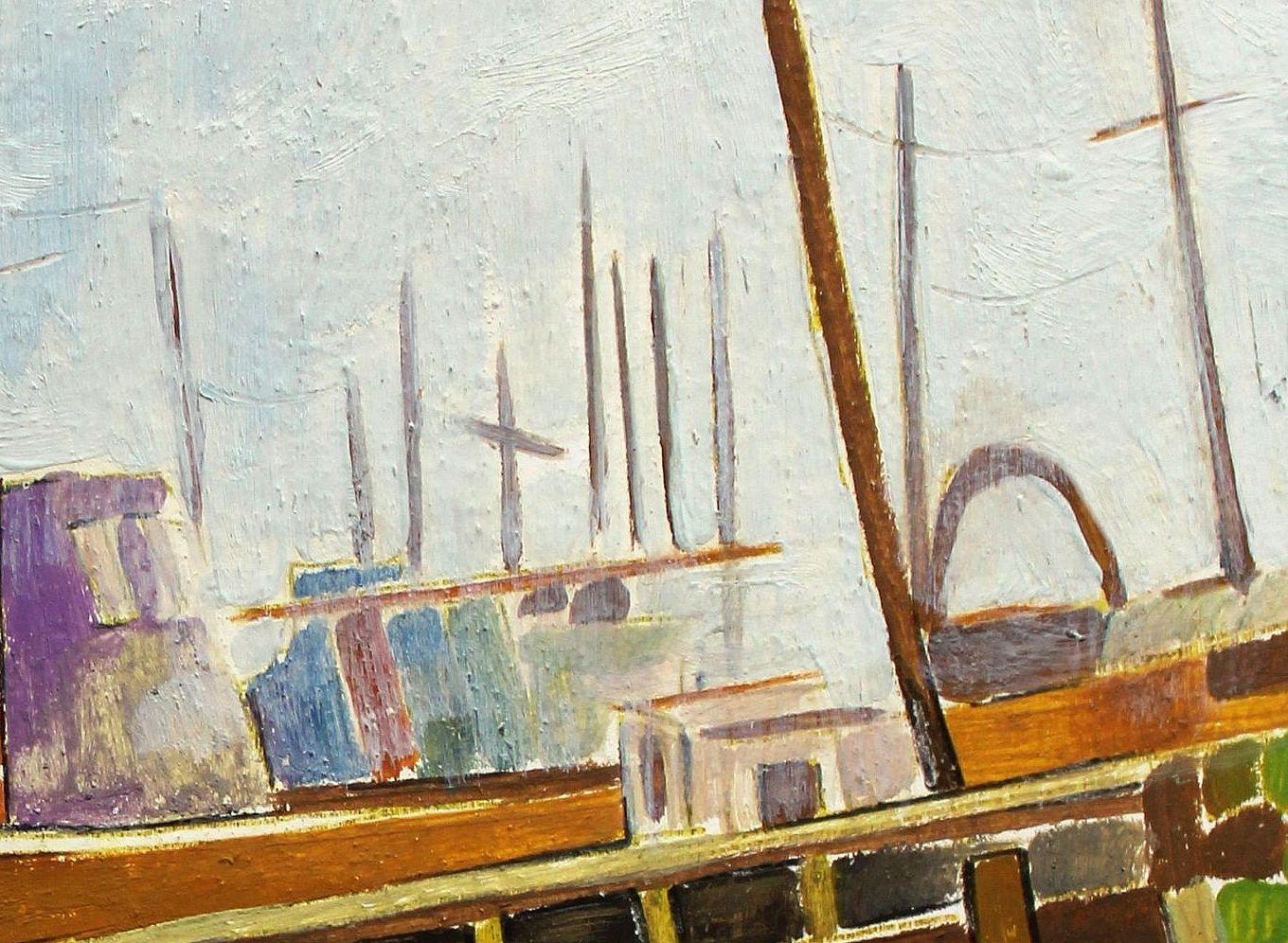 En el puerto 1972, cartón, técnica mixta, 19x17,2 cm - Landscape Art Beige de Atis Ievins