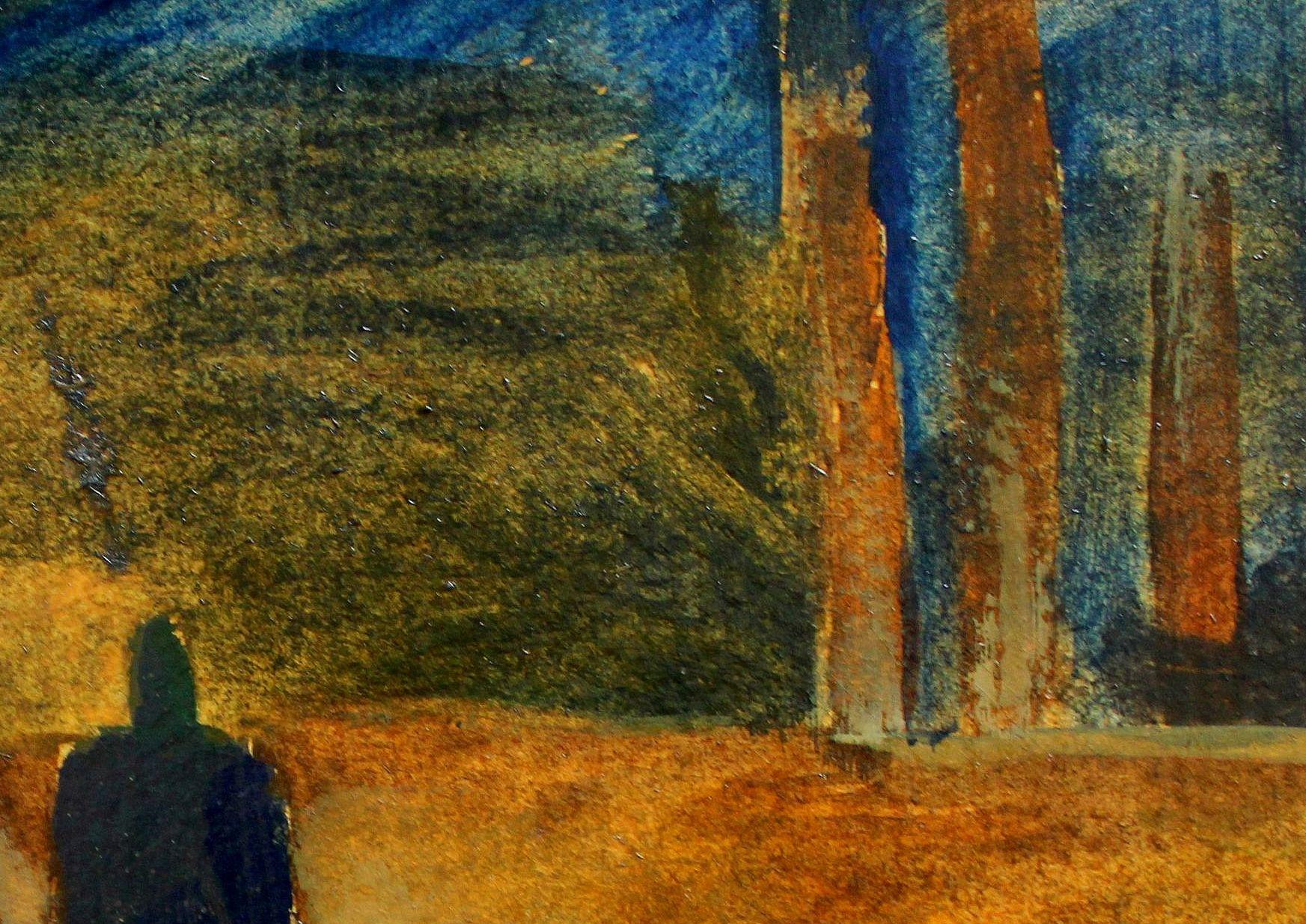 En el banco 1970, cartón, técnica mixta, 18,3x19,5 cm - Painting de Atis Ievins