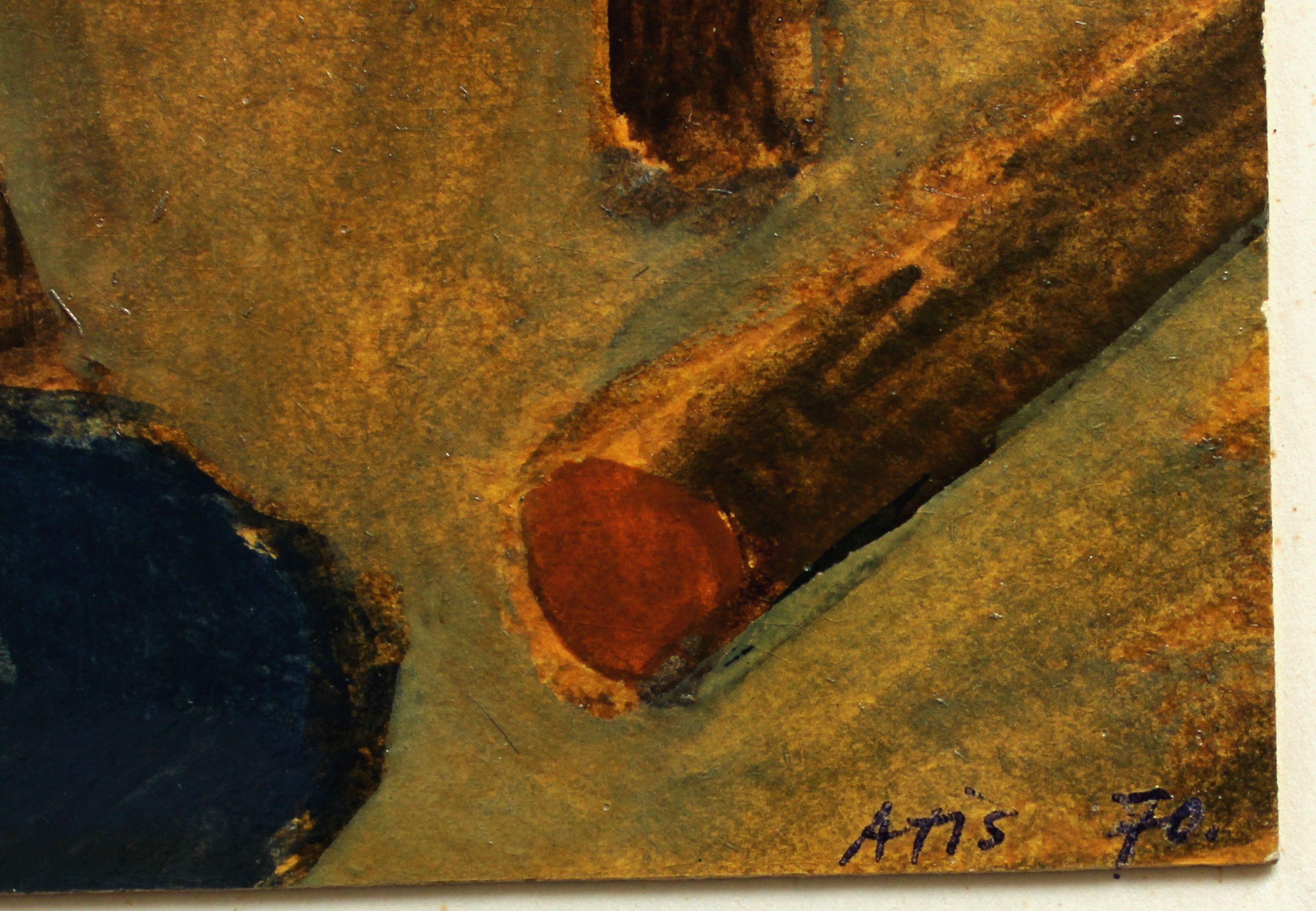 En el banco 1970, cartón, técnica mixta, 18,3x19,5 cm - Painting Contemporáneo de Atis Ievins