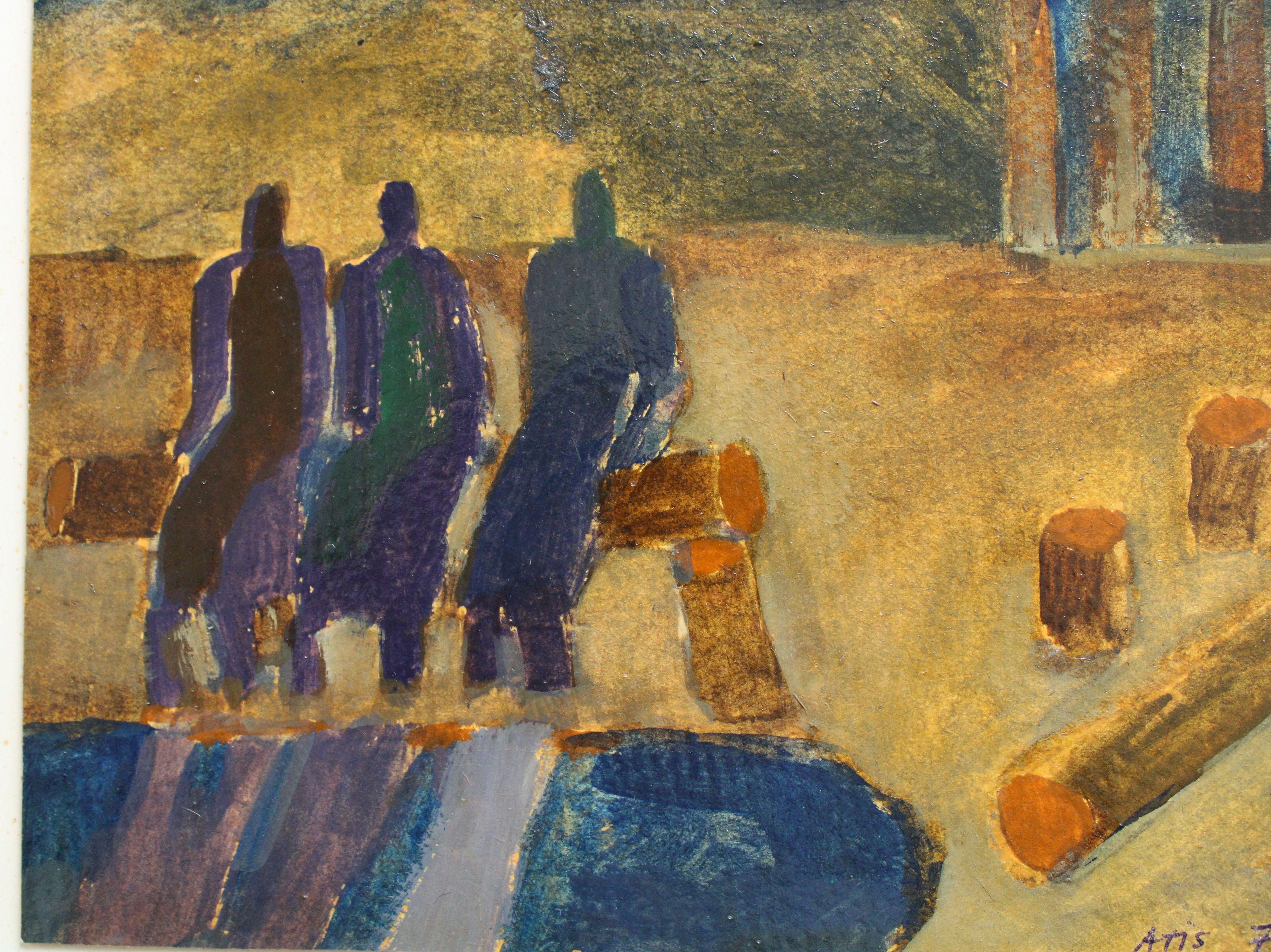En el banco 1970, cartón, técnica mixta, 18,3x19,5 cm - Figurative Painting Marrón de Atis Ievins