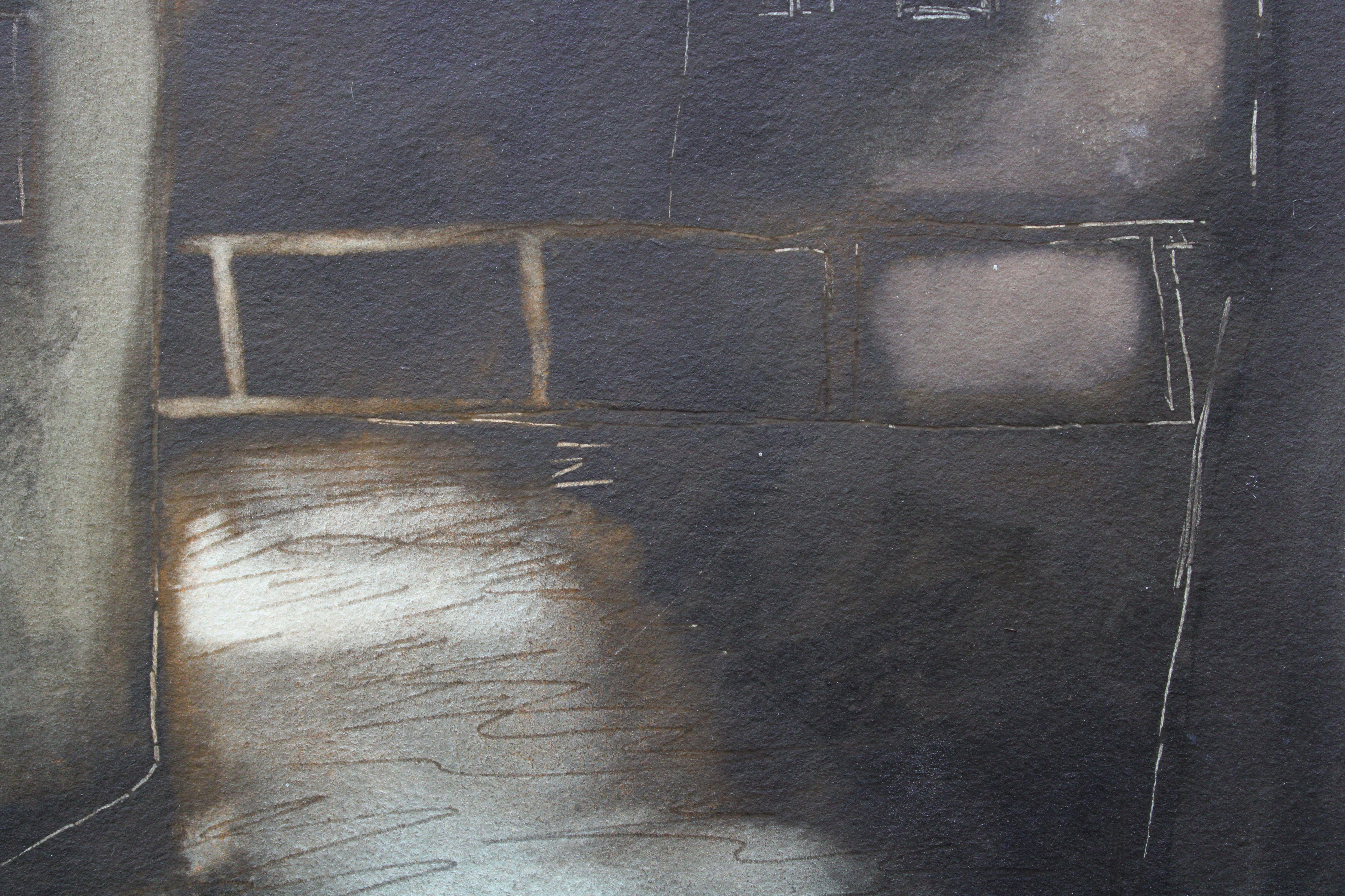 Petite ville. 1972. Papier, technique d'auteur, 21,5 x 17,5 cm - Painting de Atis Ievins