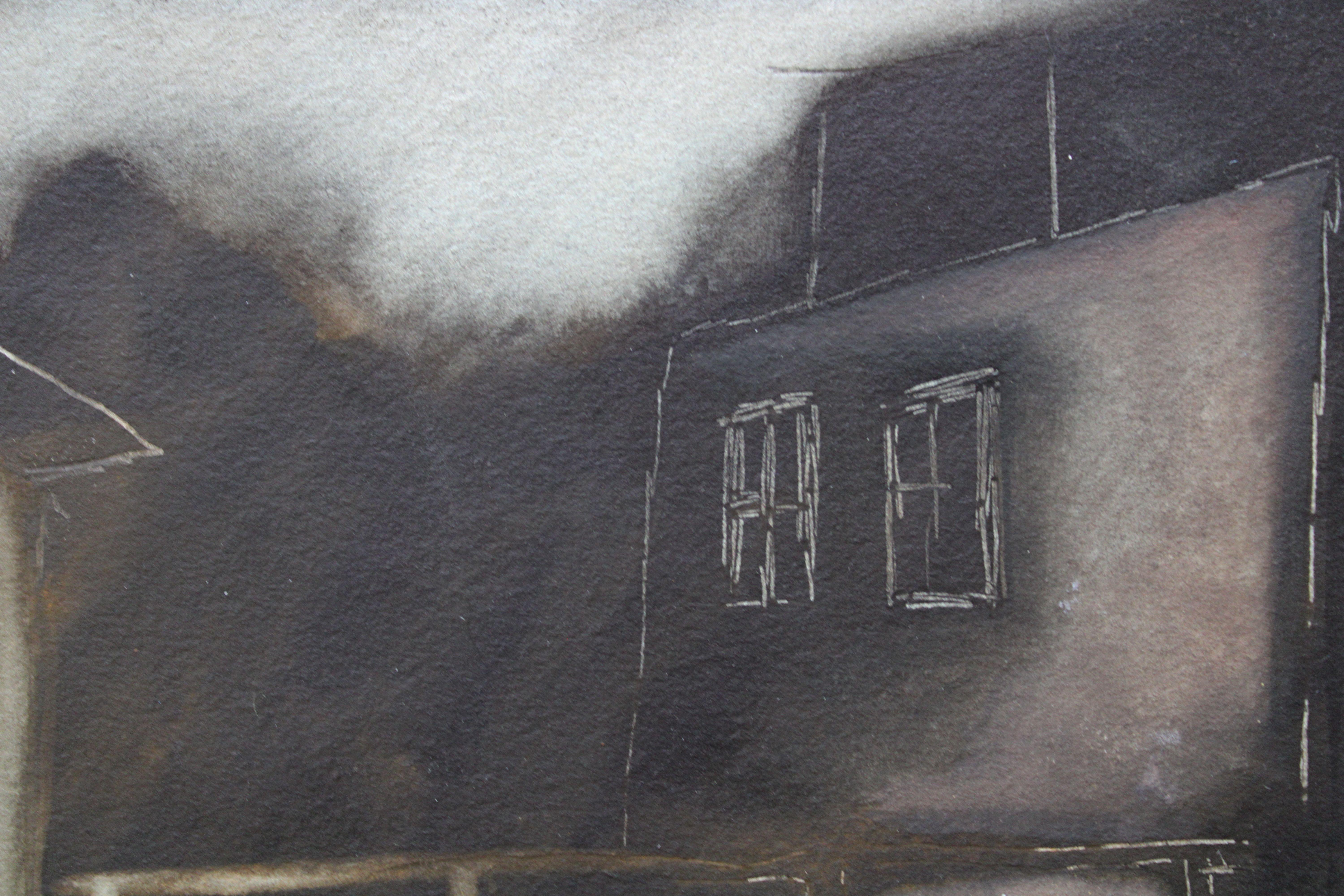 Petite ville. 1972. Papier, technique d'auteur, 21,5 x 17,5 cm - Contemporain Painting par Atis Ievins