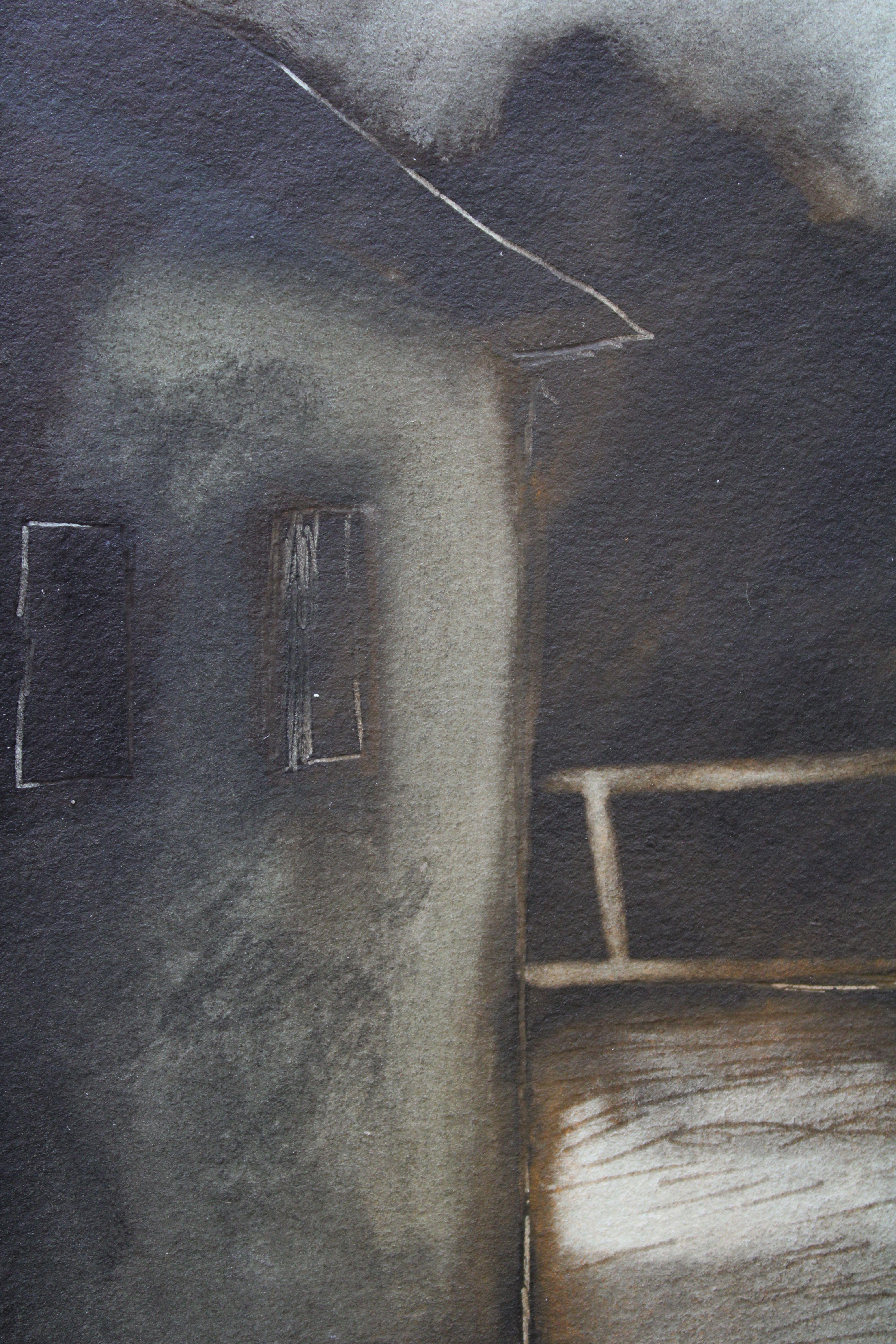 Petite ville. 1972. Papier, technique d'auteur, 21,5 x 17,5 cm - Noir Landscape Painting par Atis Ievins