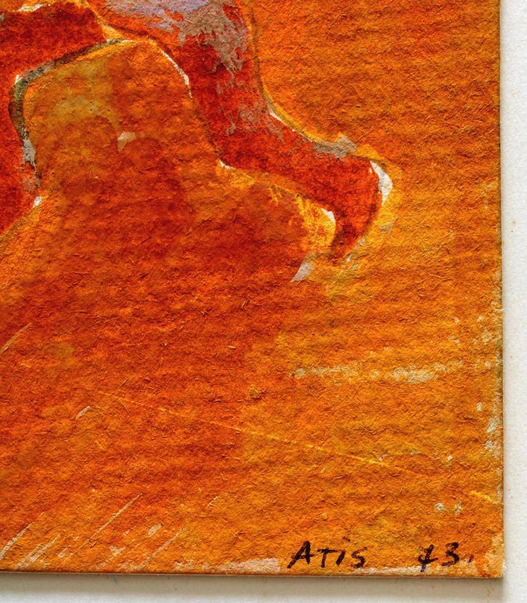 Il gioco. 1973, carta, tempera, 19x18 cm - Painting di Atis Ievins