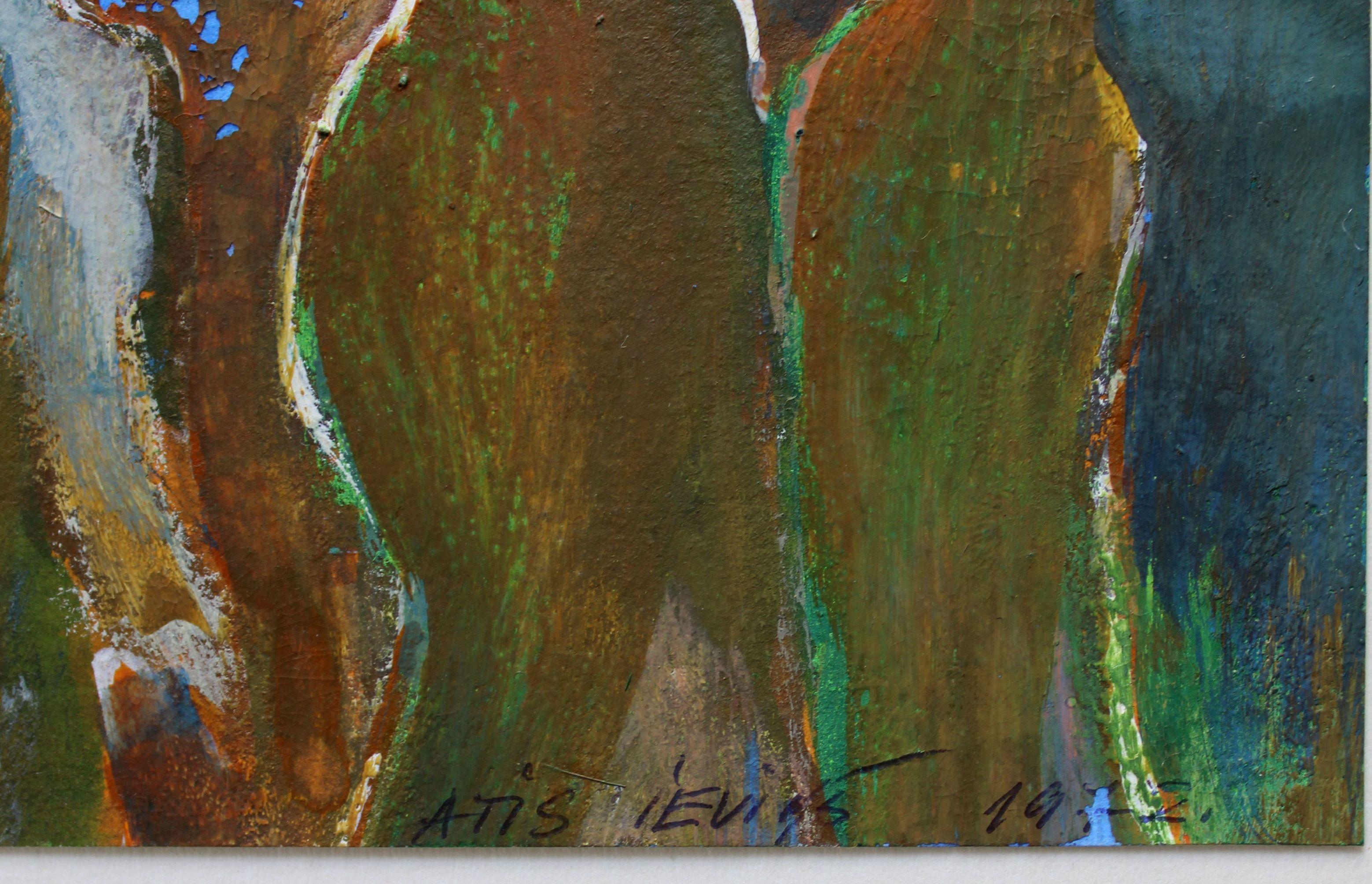 Tres íbices 1972., papel, témpera, 12,5x12,3 cm - Painting de Atis Ievins