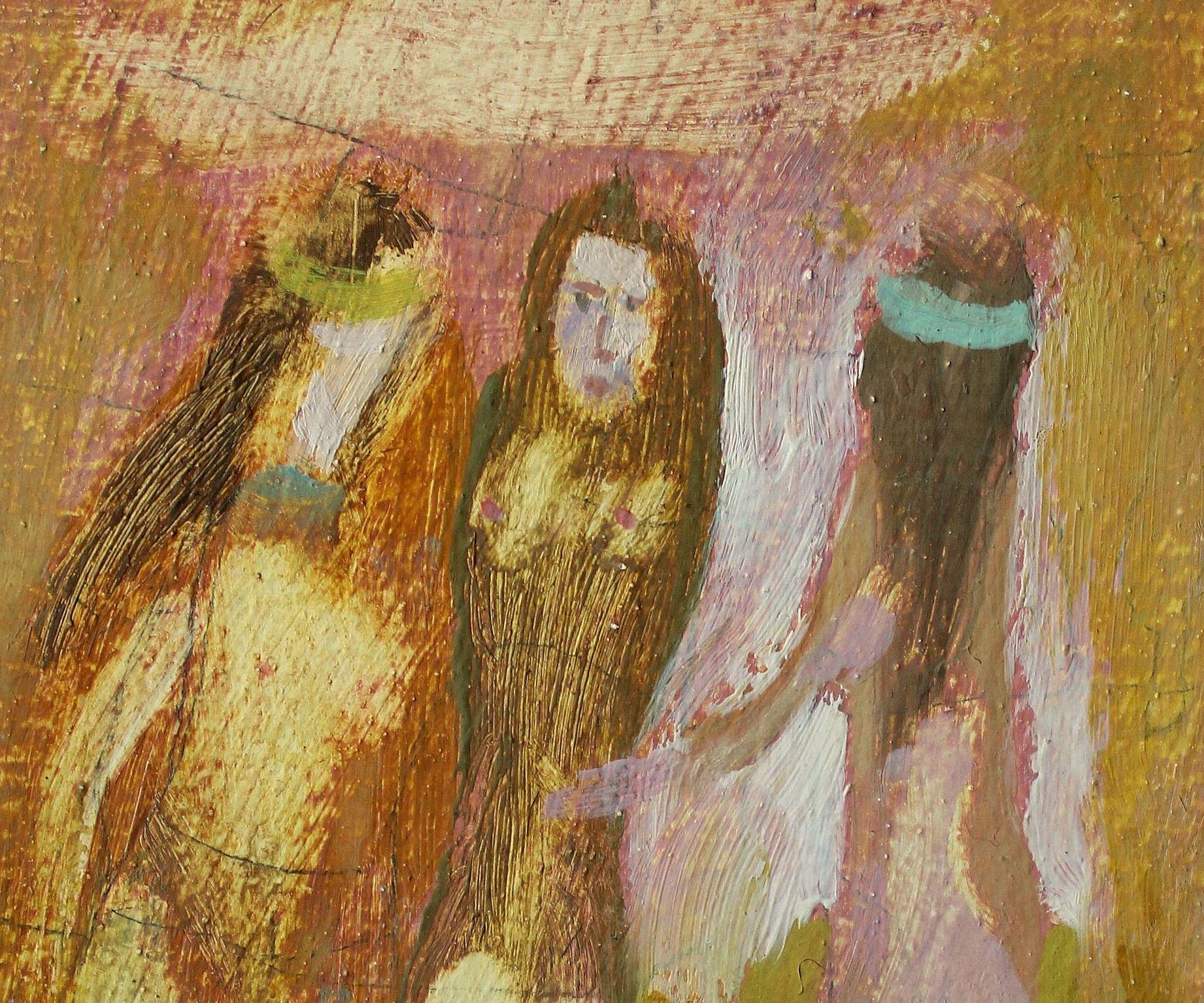 Tres hermanas 1972, cartón, óleo, 17x9 cm - Painting de Atis Ievins