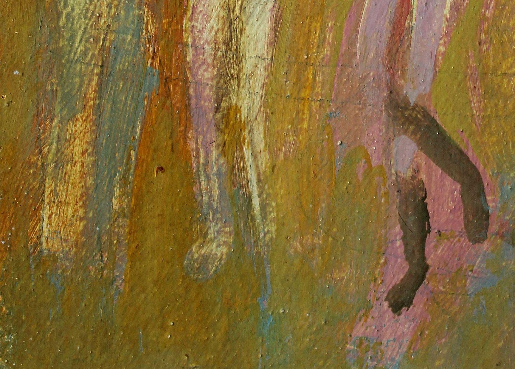 Tres hermanas 1972, cartón, óleo, 17x9 cm - Painting Contemporáneo de Atis Ievins
