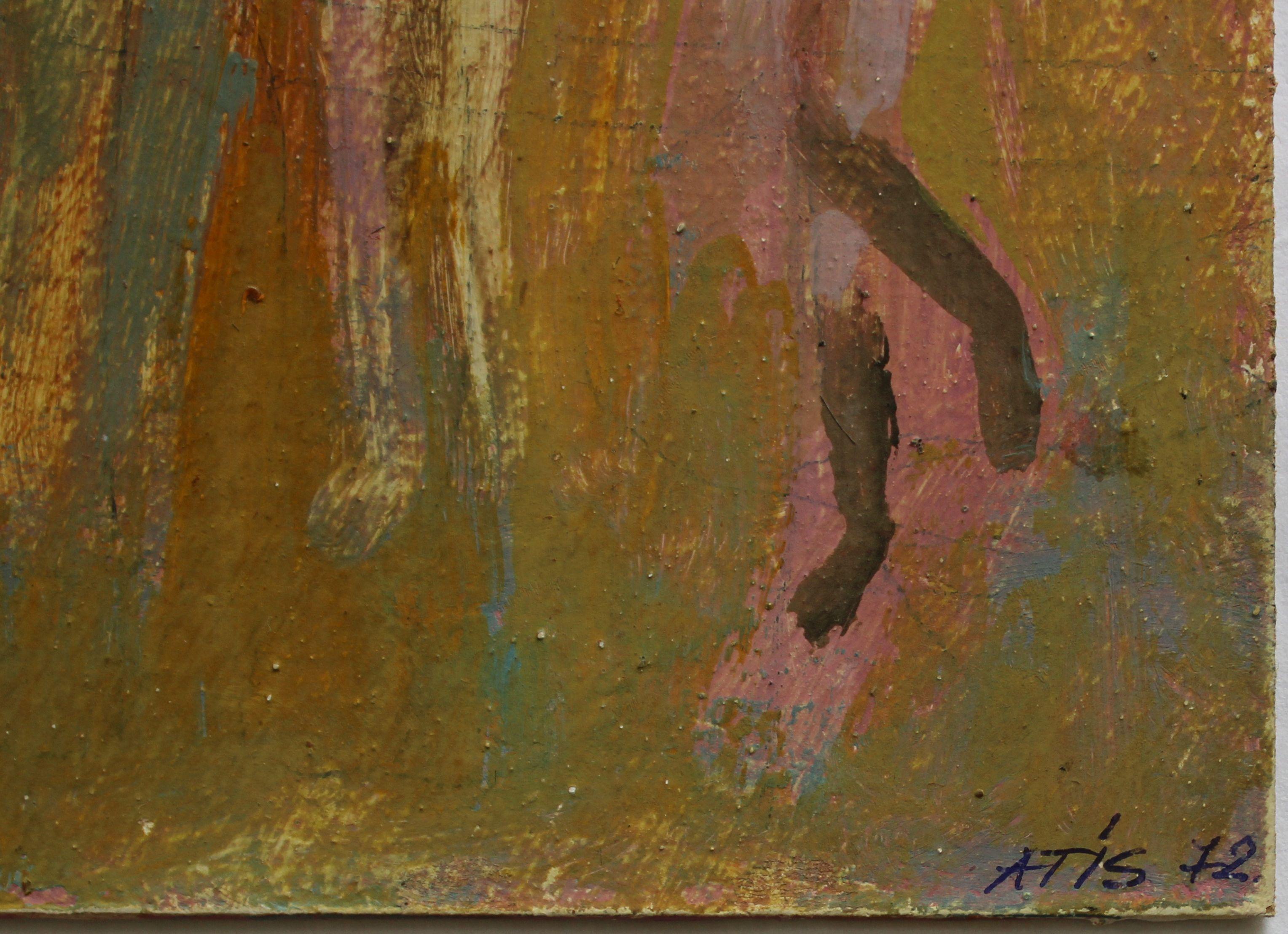 Tres hermanas 1972, cartón, óleo, 17x9 cm - Figurative Painting Negro de Atis Ievins