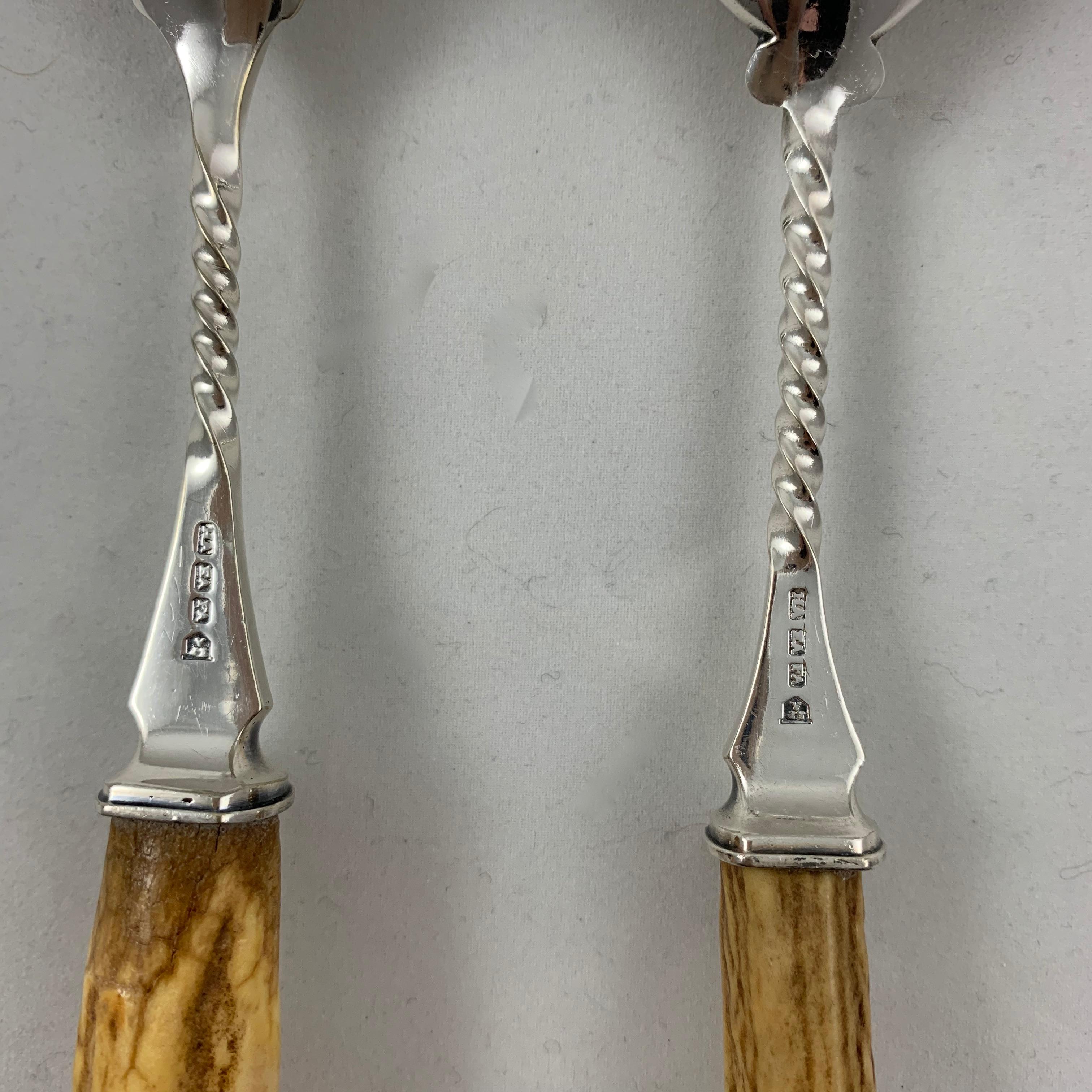 Atkin Bros. Natural Antler Handled Silver Salad Servers, Sheffield, England 1878 In Good Condition In Philadelphia, PA
