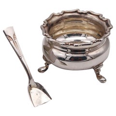 Antique Atkin Brothers England 1912 Sheffield Salt Cellar with Spoon 925 Sterling Silver