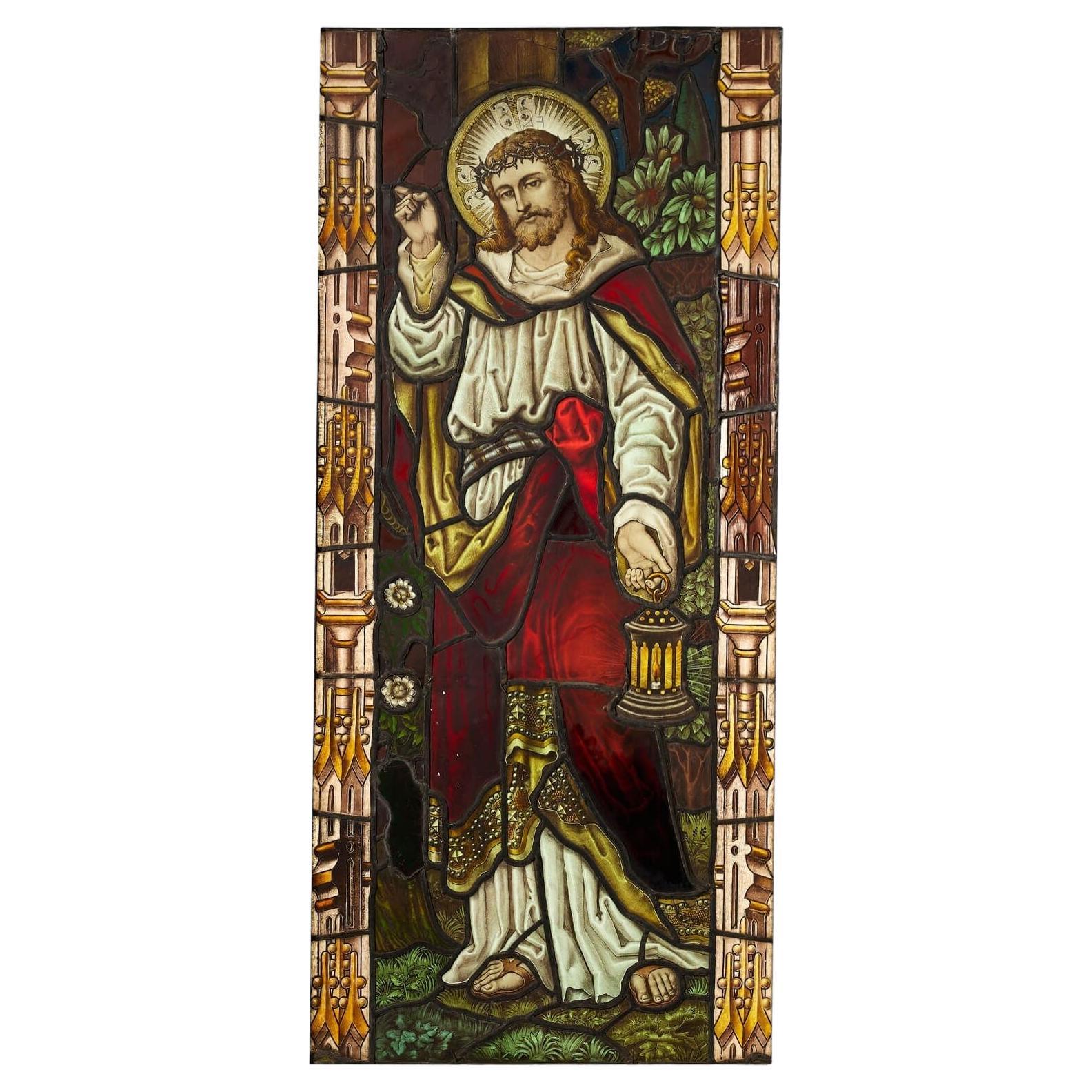 Vitrail religieux d'Atkinson Bros représentant Jésus vers 1925