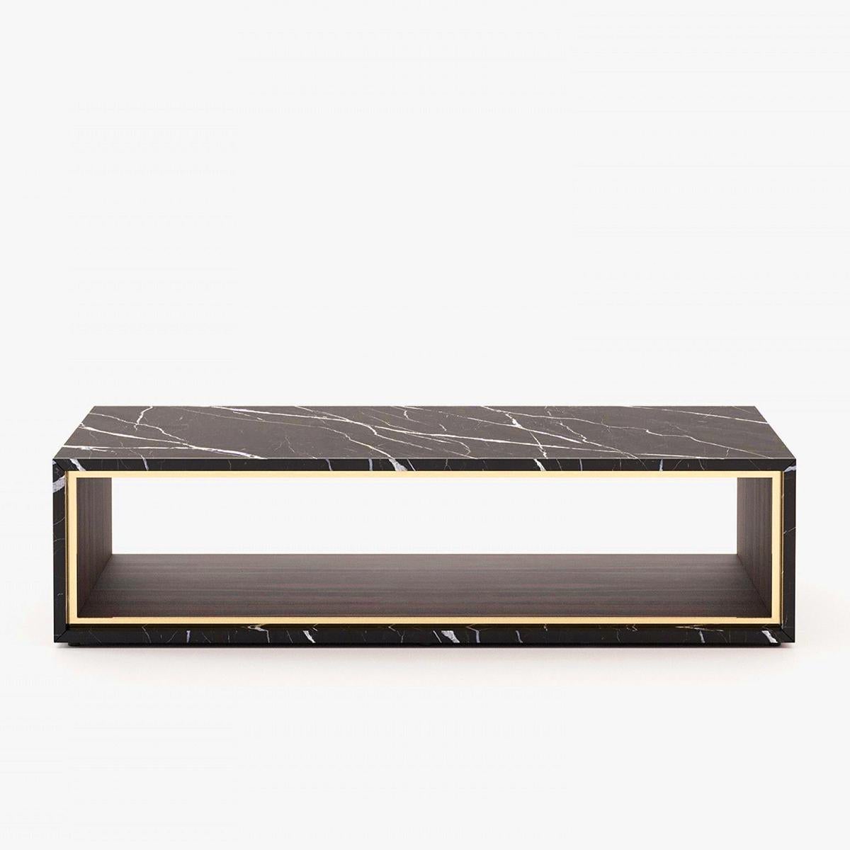 Coffee Table Atlanta Marble with wooden structure and
with marble plates in black marble. With veneered oak base
in smocked oak matte finish and with polished
stainless steel trim in gold finish.
Also available in other veneered wooden finish,