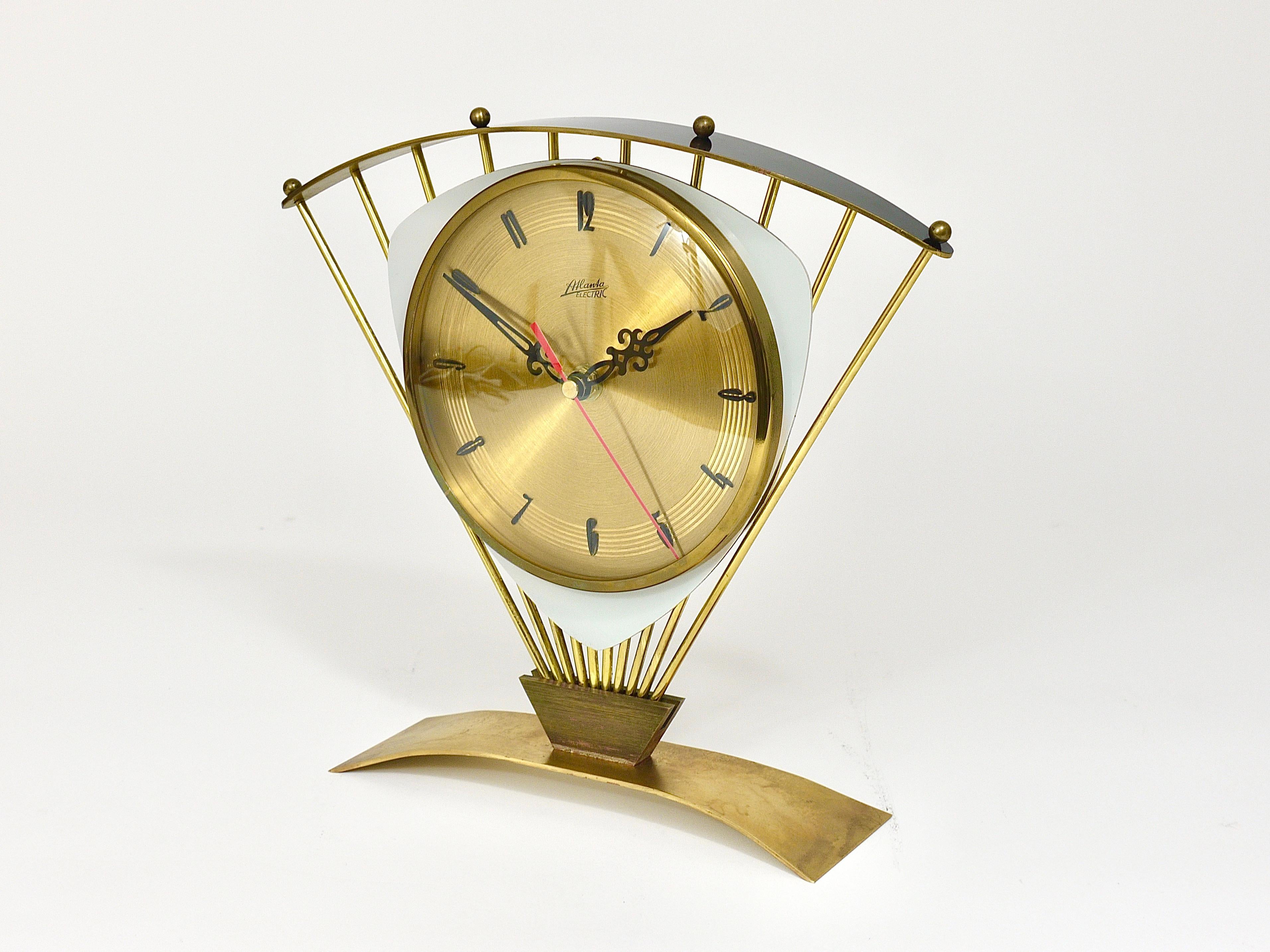 Mid-Century Modern Atlanta Midcentury Atomic Age Sunburst Brass Table Desk Clock, Western Germany For Sale