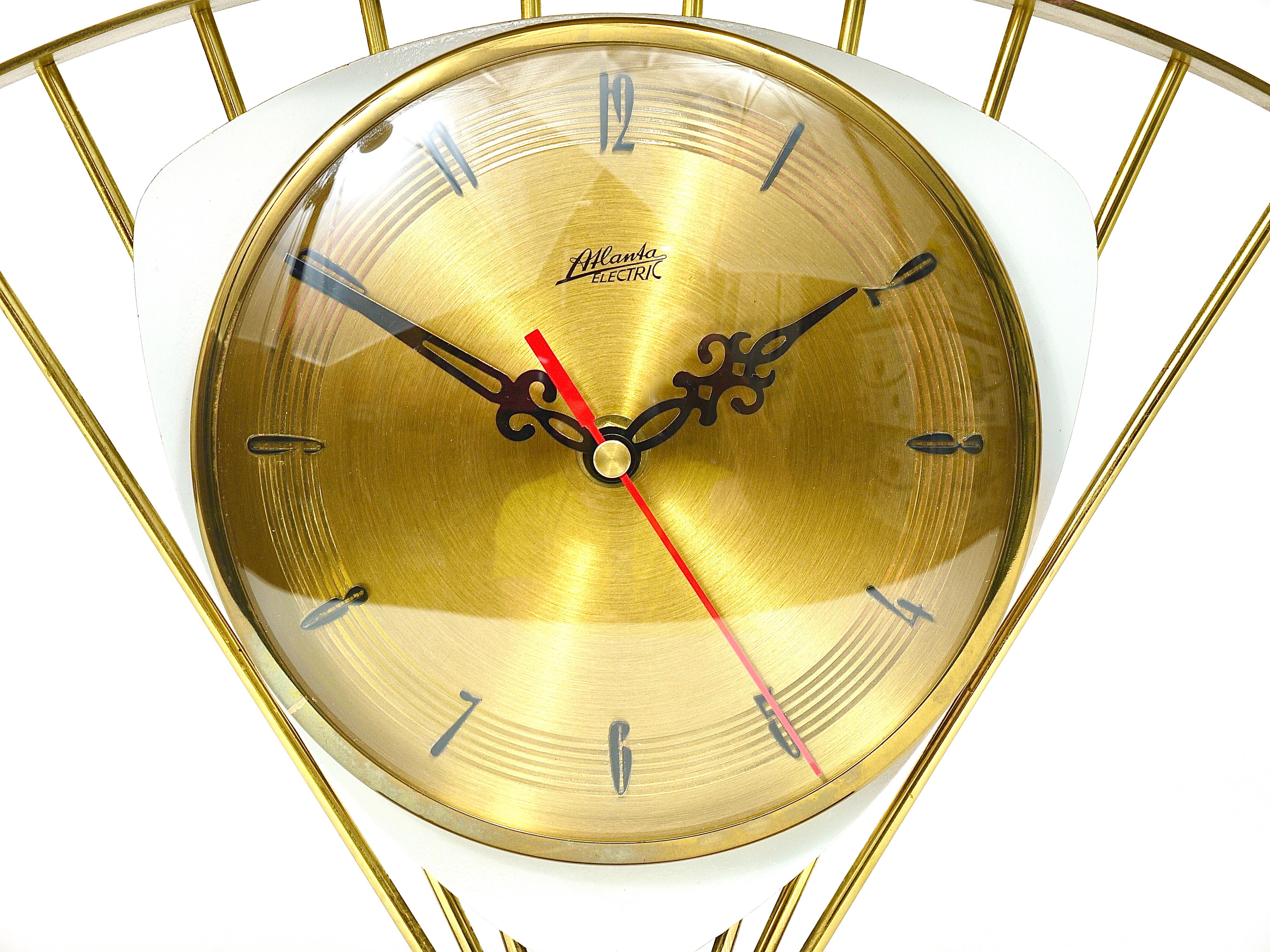 Metal Atlanta Midcentury Atomic Age Sunburst Brass Table Desk Clock, Western Germany For Sale