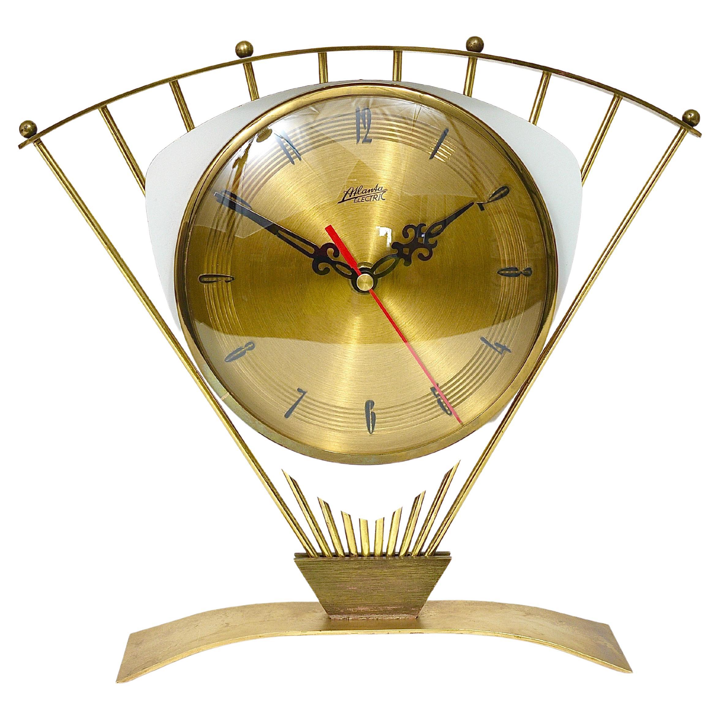 Atlanta Midcentury Atomic Age Sunburst Brass Table Desk Clock, Western Germany For Sale