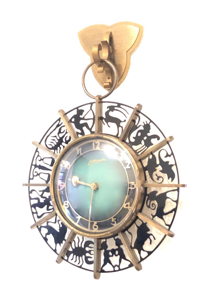 Atlanta Midcentury Zodiac Brass Wall Clock, Germany, 1950s at 1stDibs