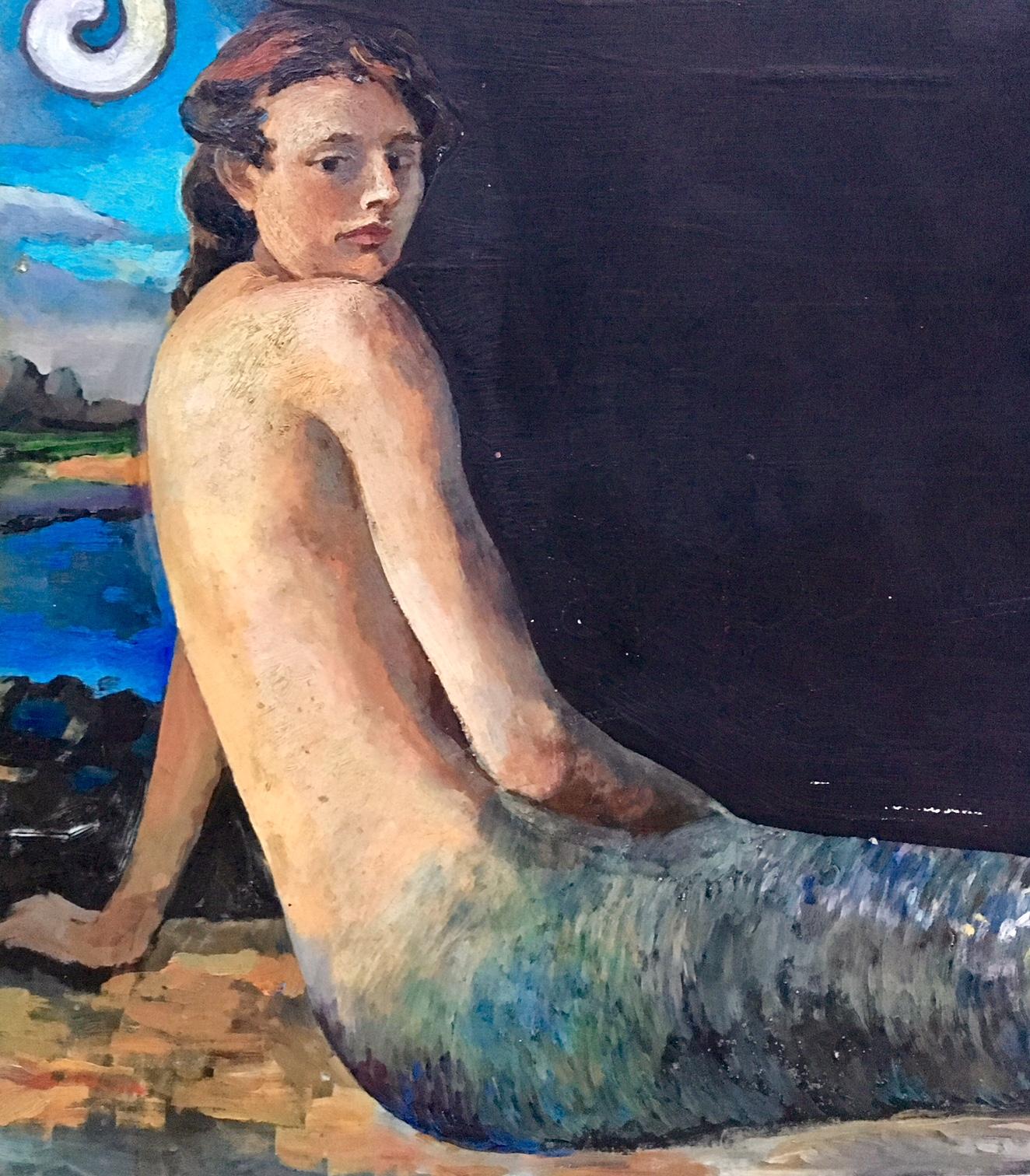 The mermaid chalkboard from the much loved Atlantic Cafe on Nantucket Island. Hand-painted by the now nationally renowned artist Thomas Deininger, when he was an employee there one summer in the mid-1970s. Beautiful oil on slate painting with