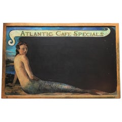 Vintage Atlantic Cafe Mermaid Chalkboard, Nantucket Hand-Painted by Thomas Deininger