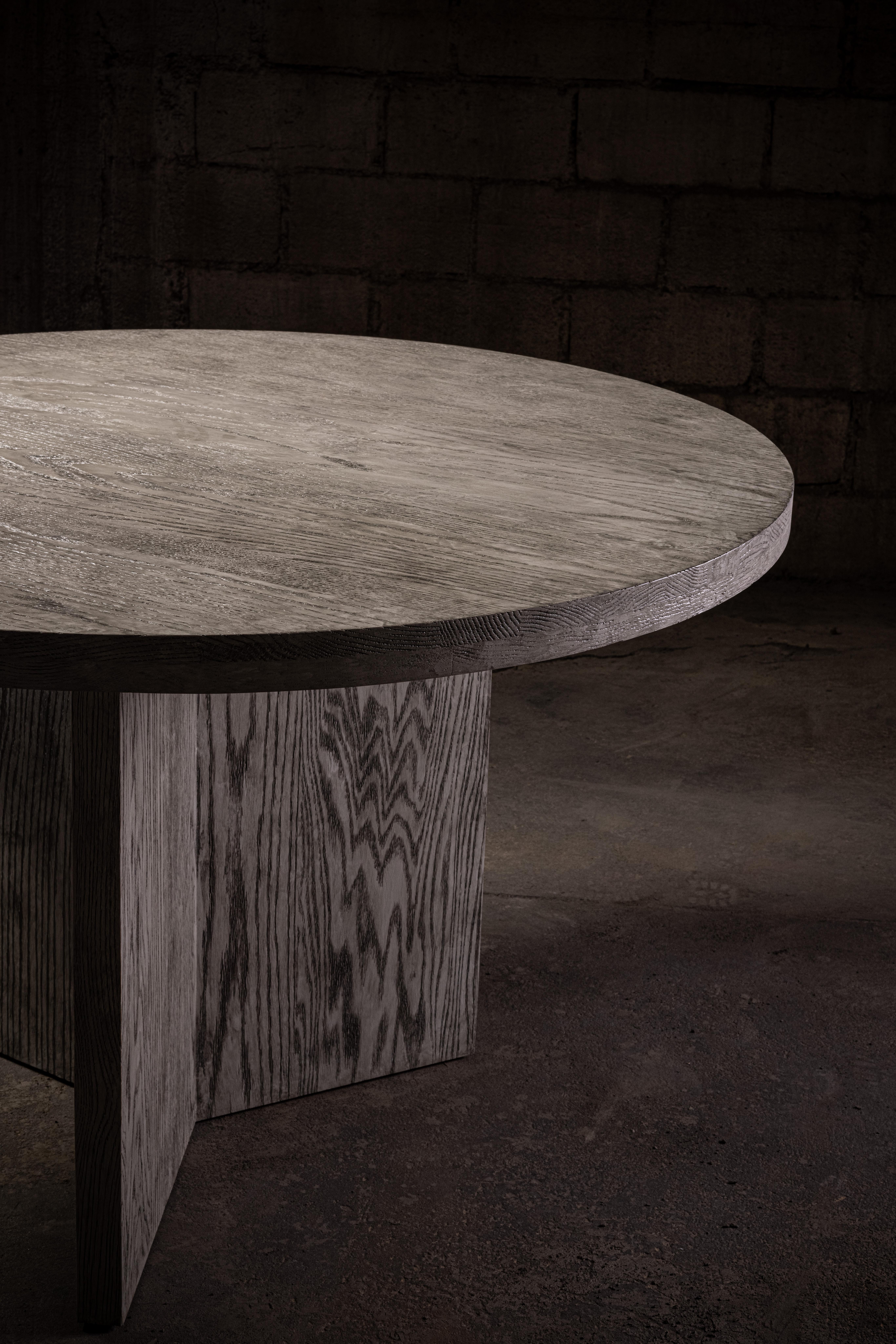 Solid Oak Round Kitchen / Dining Table with Ceruse Gray Finish.