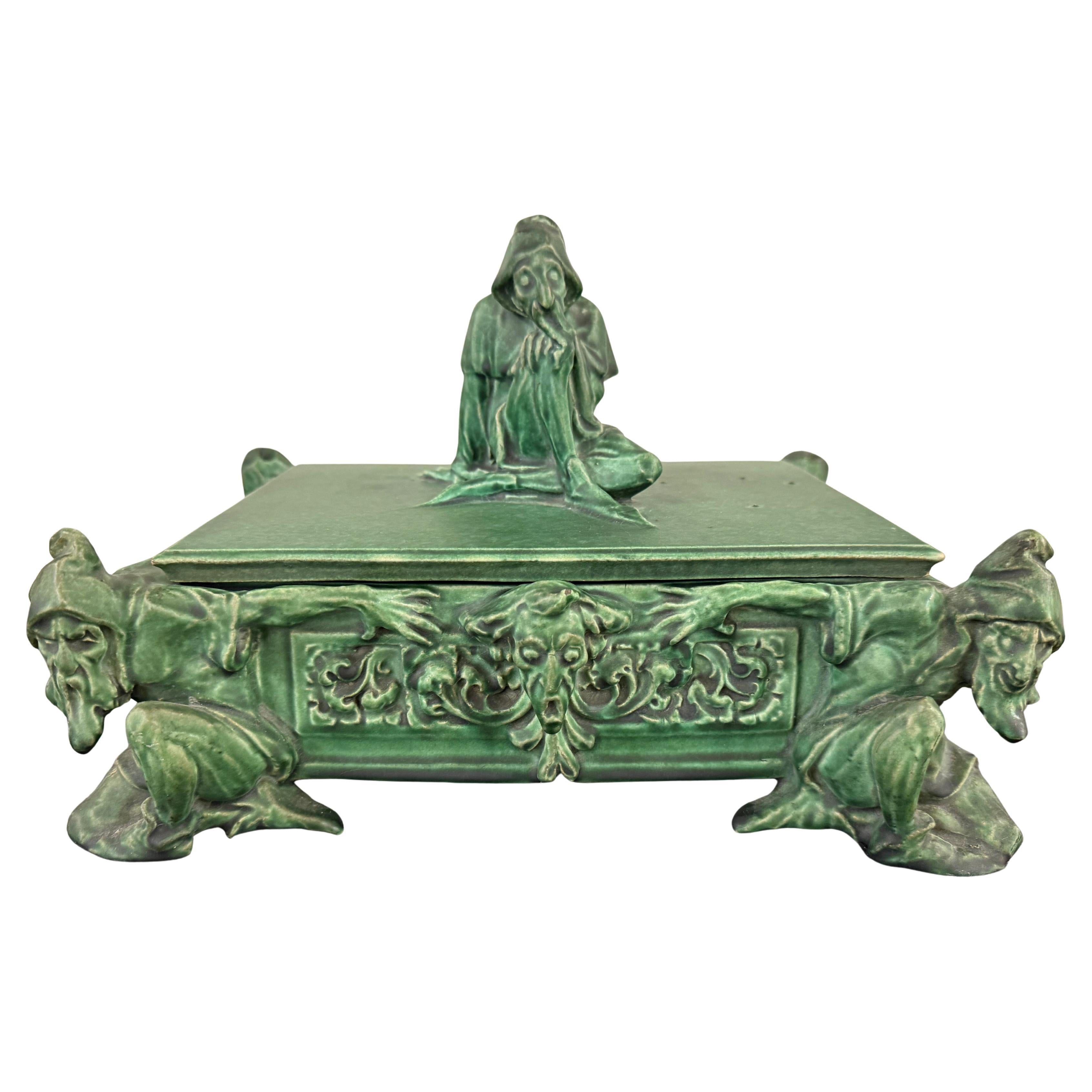 Atlantic Terracotta Company Arts and Crafts Pottery Lidded Box Gnomes Grotesque For Sale