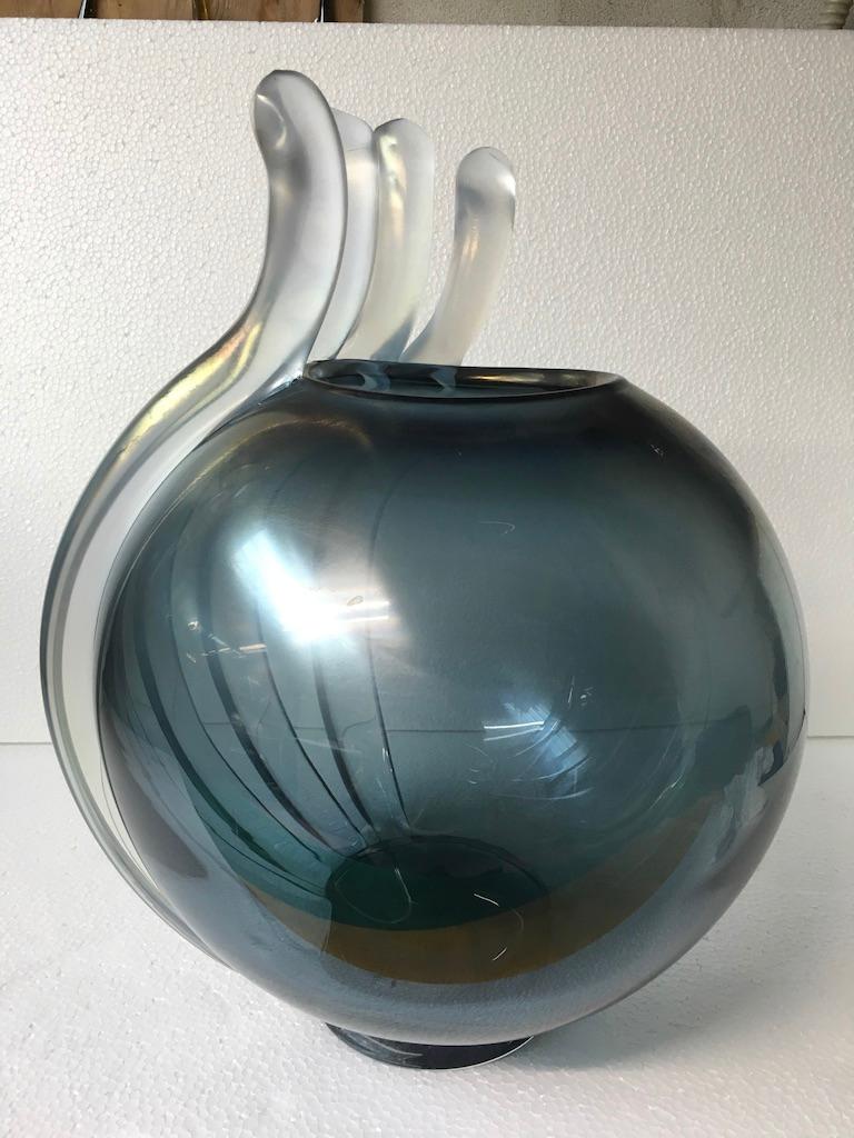 Unique Atlantico Contemporary Hand Blown Murano Glass Ocean Blue Vase by Ermes For Sale 7