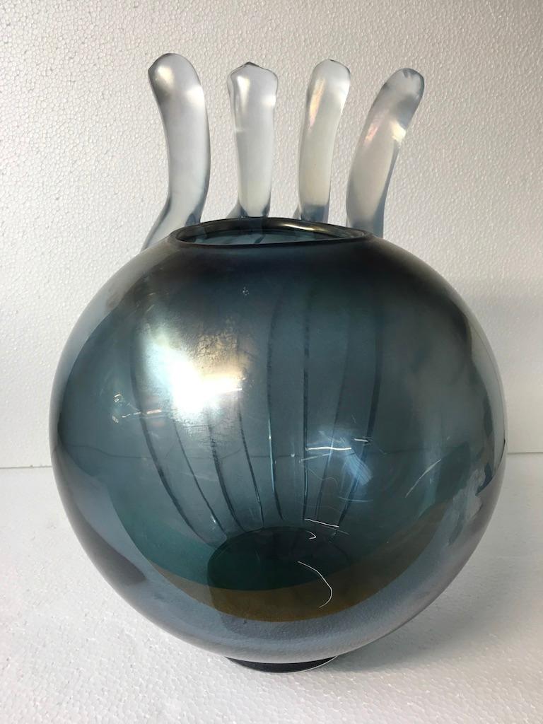 Unique Atlantico Contemporary Hand Blown Murano Glass Ocean Blue Vase by Ermes For Sale 1